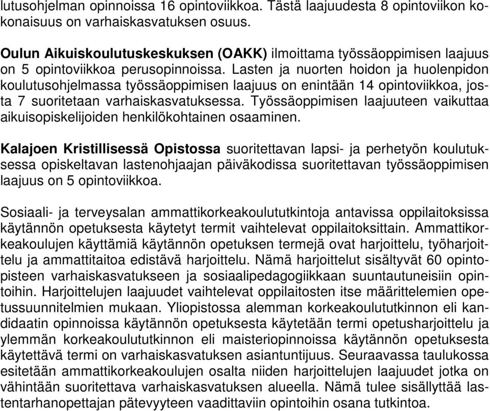 Lasten ja nuorten hoidon ja huolenpidon koulutusohjelmassa työssäoppimisen laajuus on enintään 14 opintoviikkoa, josta 7 suoritetaan varhaiskasvatuksessa.