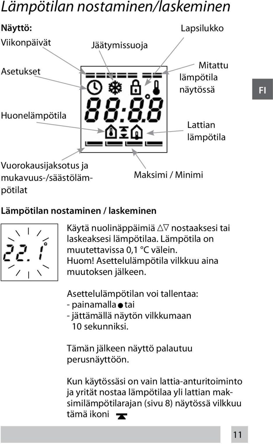 Lämpötila on muutettavissa 0,1 C välein. Huom! Asettelulämpötila vilkkuu aina muutoksen jälkeen.