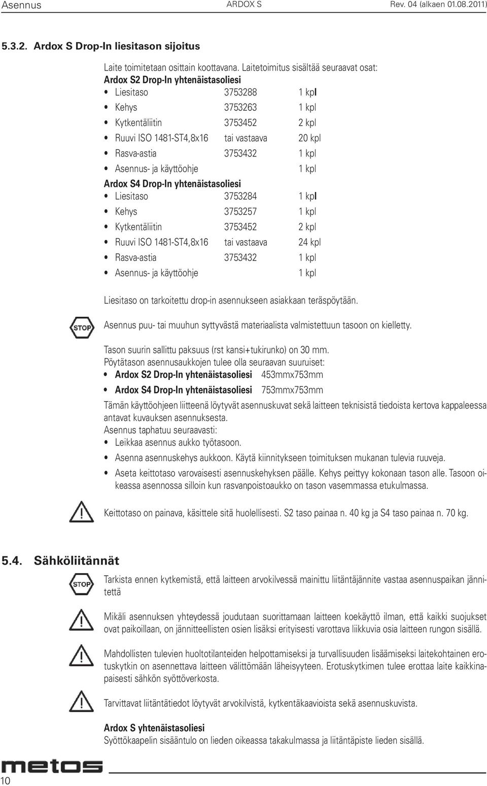 Rasva-astia 3753432 1 kpl Asennus- ja käyttöohje 1 kpl Ardox S4 Drop-In yhtenäistasoliesi Liesitaso 3753284 1 kpl Kehys 3753257 1 kpl Kytkentäliitin 3753452 2 kpl Ruuvi ISO 1481-ST4,8x16 tai vastaava