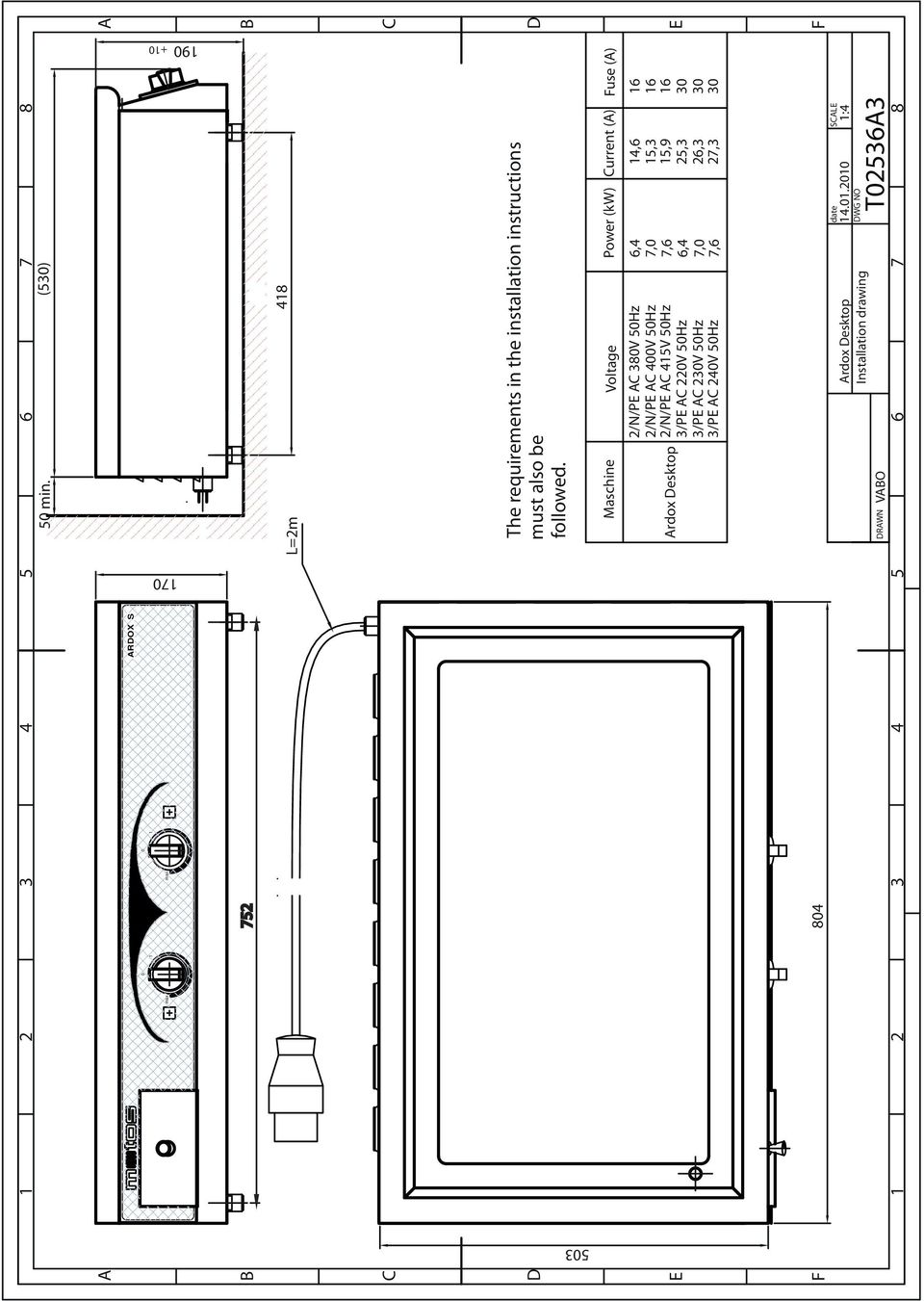 Maschine Voltage Power (kw) Current (A) Fuse (A) Ardox Desktop 2/N/PE AC 380V 50Hz 2/N/PE AC 400V 50Hz 6,4 7,0 14,6 15,3 2/N/PE AC