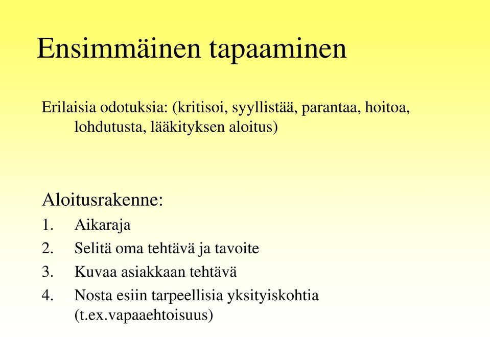 1. Aikaraja 2. Selitä oma tehtävä ja tavoite 3.