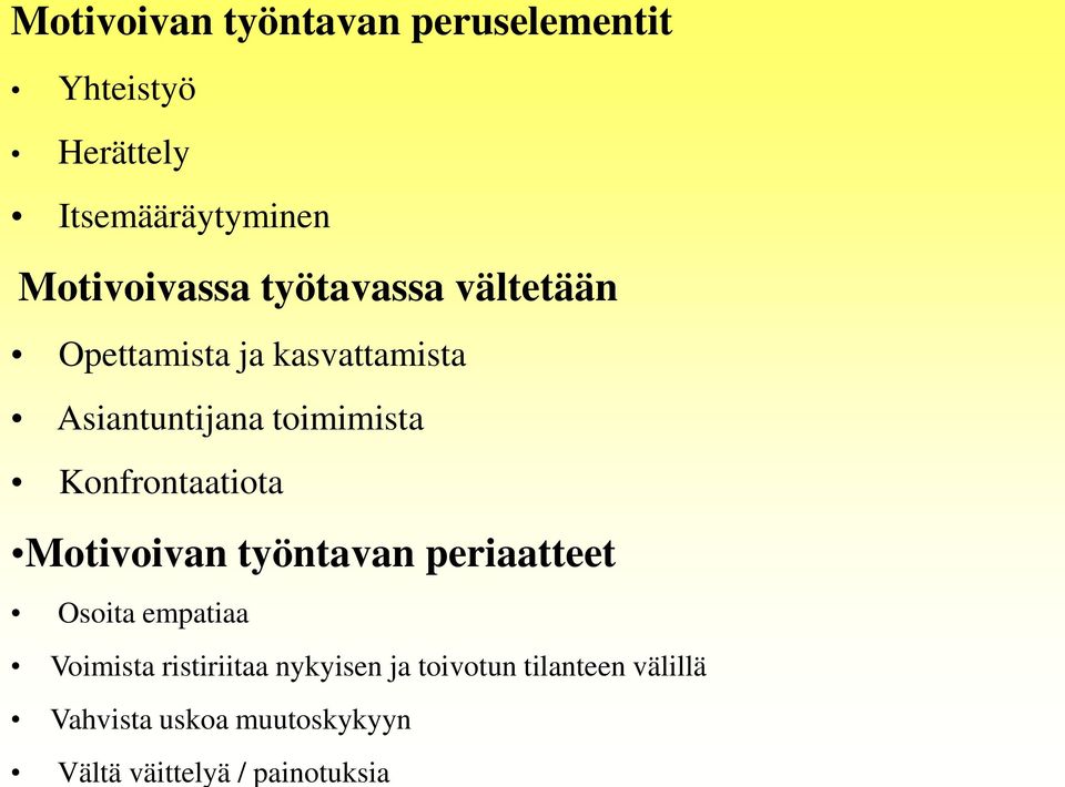 Konfrontaatiota Motivoivan työntavan periaatteet Osoita empatiaa Voimista ristiriitaa