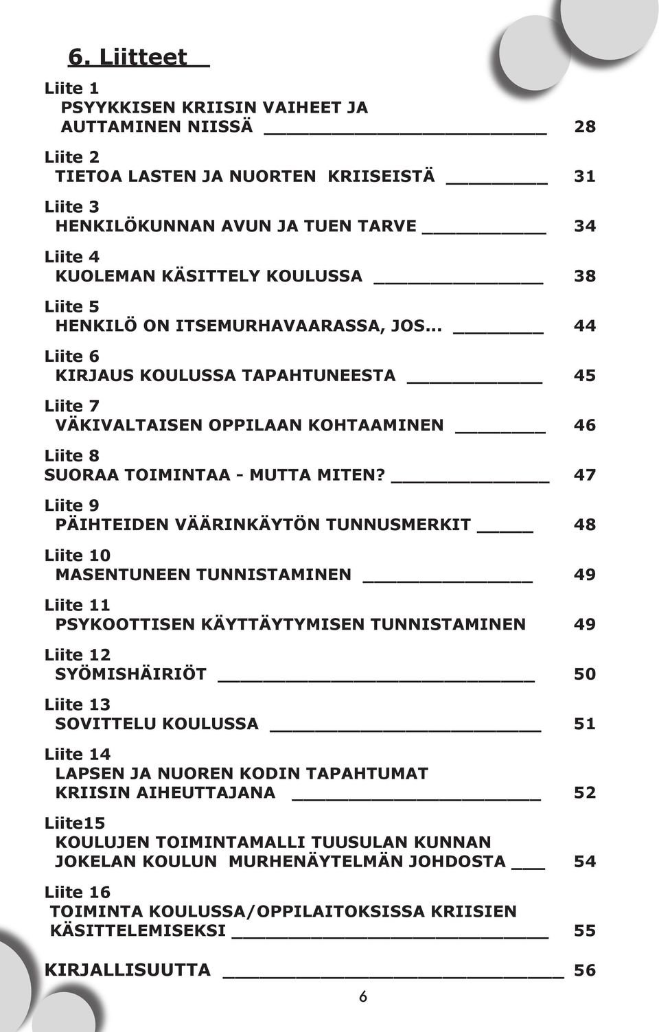 47 Liite 9 PÄIHTEIDEN VÄÄRINKÄYTÖN TUNNUSMERKIT 48 Liite 10 MASENTUNEEN TUNNISTAMINEN 49 Liite 11 PSYKOOTTISEN KÄYTTÄYTYMISEN TUNNISTAMINEN 49 Liite 12 SYÖMISHÄIRIÖT 50 Liite 13 SOVITTELU KOULUSSA 51