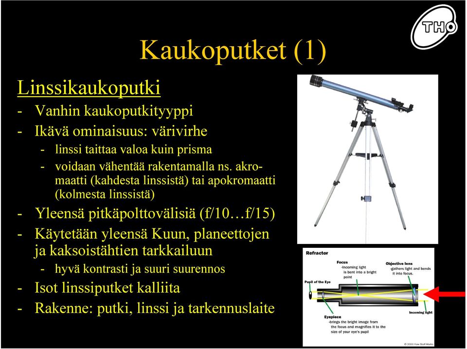 akromaatti (kahdesta linssistä) tai apokromaatti (kolmesta linssistä) - Yleensä pitkäpolttovälisiä (f/10 f/15)