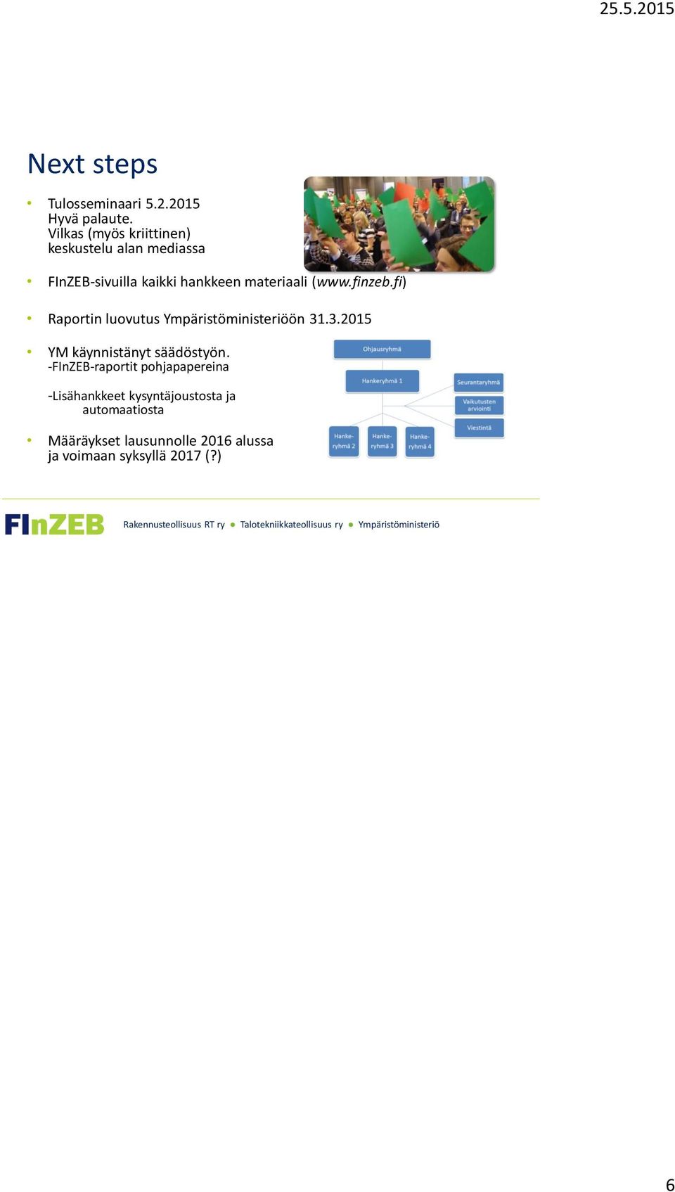 (www.finzeb.fi) Raportin luovutus Ympäristöministeriöön 31.3.2015 YM käynnistänyt säädöstyön.