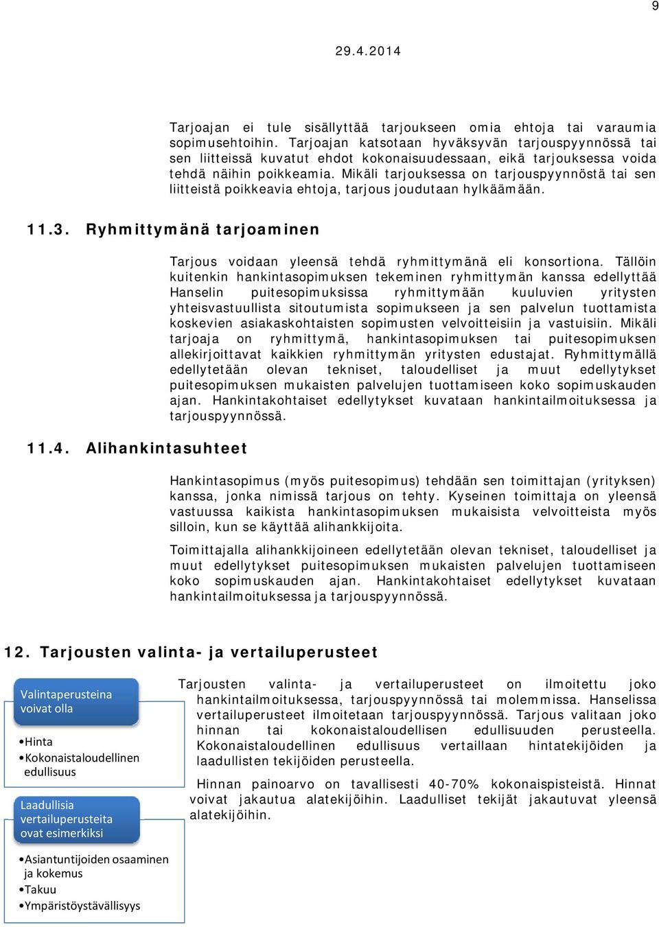 Mikäli tarjouksessa on tarjouspyynnöstä tai sen liitteistä poikkeavia ehtoja, tarjous joudutaan hylkäämään. 11.3. Ryhmittymänä tarjoaminen 11.4.