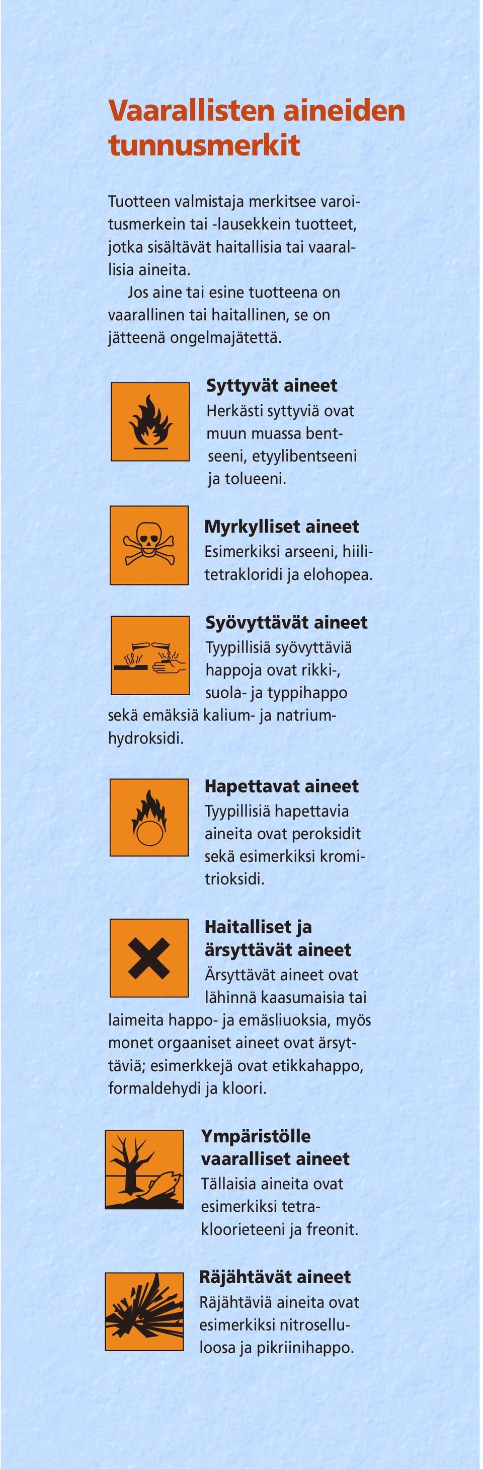 Myrkylliset aineet Esimerkiksi arseeni, hii li - tet rak lo ri di ja elo ho pea.