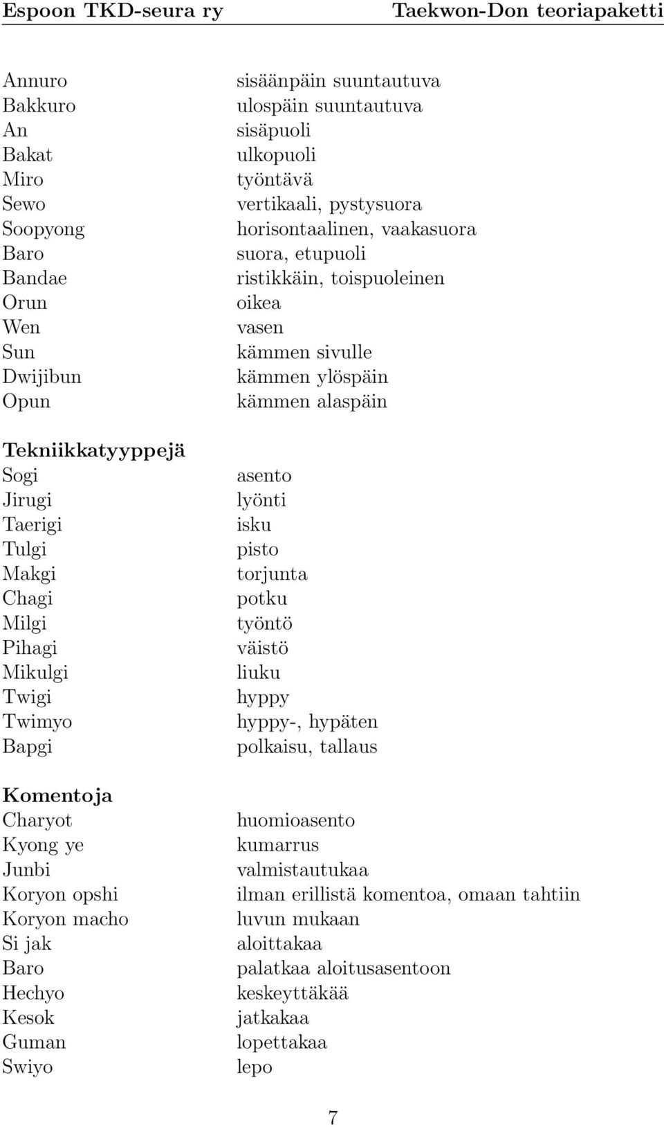 horisontaalinen, vaakasuora suora, etupuoli ristikkäin, toispuoleinen oikea vasen kämmen sivulle kämmen ylöspäin kämmen alaspäin asento lyönti isku pisto torjunta potku työntö väistö liuku