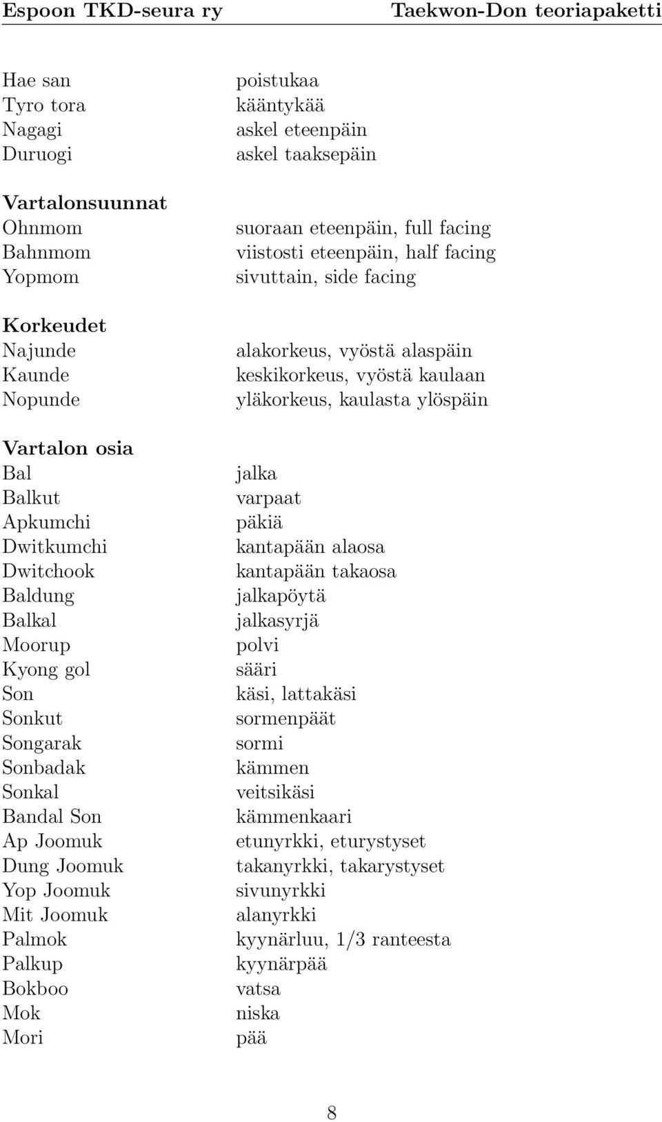 facing viistosti eteenpäin, half facing sivuttain, side facing alakorkeus, vyöstä alaspäin keskikorkeus, vyöstä kaulaan yläkorkeus, kaulasta ylöspäin jalka varpaat päkiä kantapään alaosa kantapään