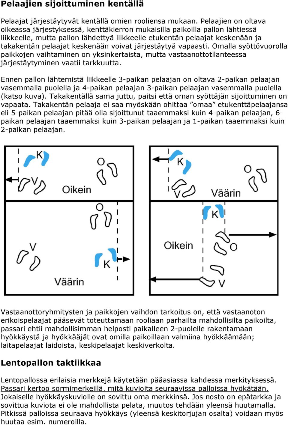 keskenään voivat järjestäytyä vapaasti. Omalla syöttövuorolla paikkojen vaihtaminen on yksinkertaista, mutta vastaanottotilanteessa järjestäytyminen vaatii tarkkuutta.