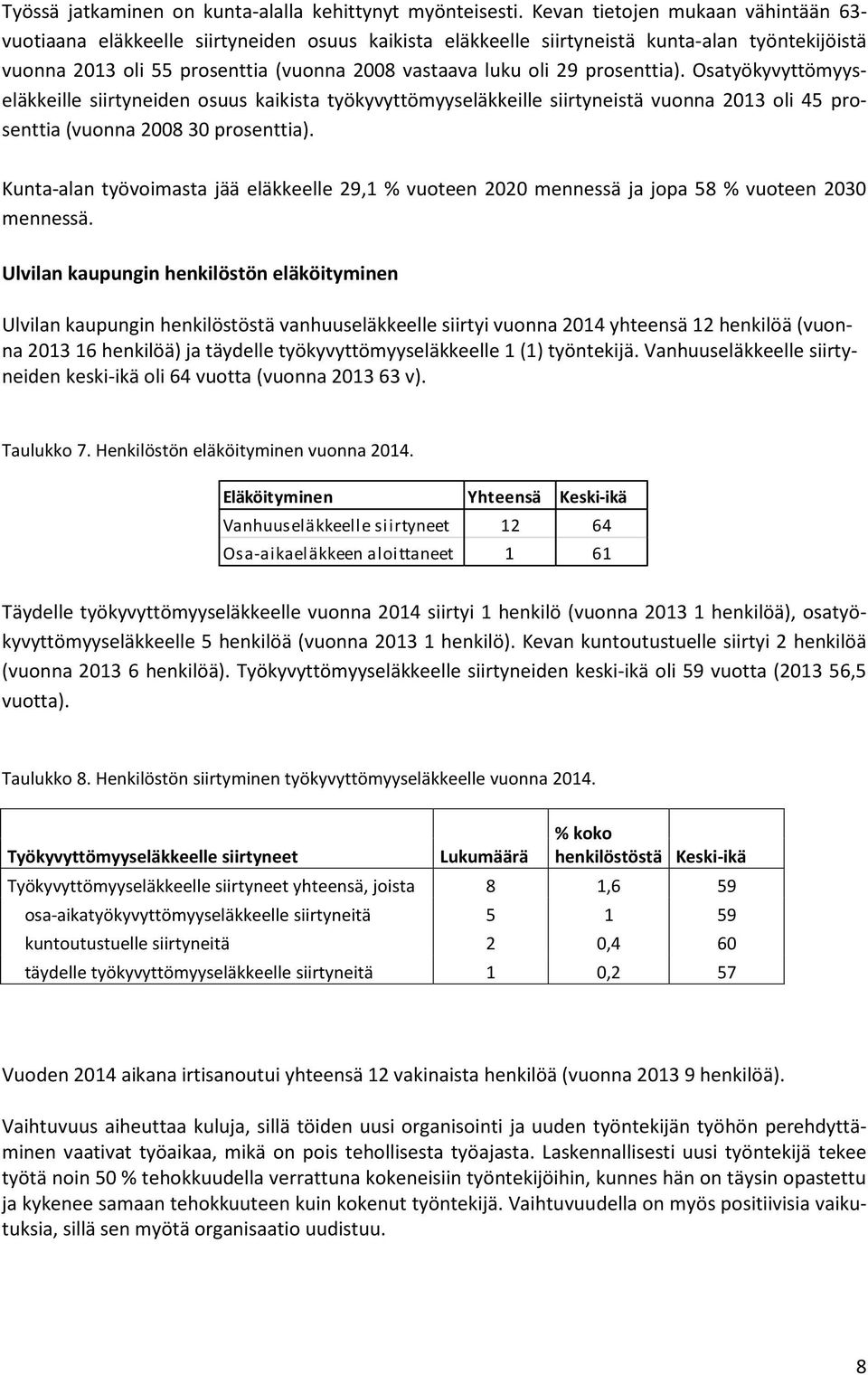 prosenttia). Osatyökyvyttömyyseläkkeille siirtyneiden osuus kaikista työkyvyttömyyseläkkeille siirtyneistä vuonna 2013 oli 45 prosenttia (vuonna 2008 30 prosenttia).