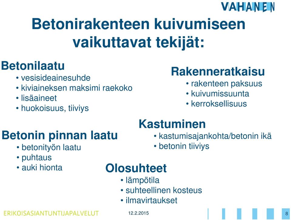 vaikuttavat tekijät: Rakenneratkaisu rakenteen paksuus kuivumissuunta kerroksellisuus Kastuminen