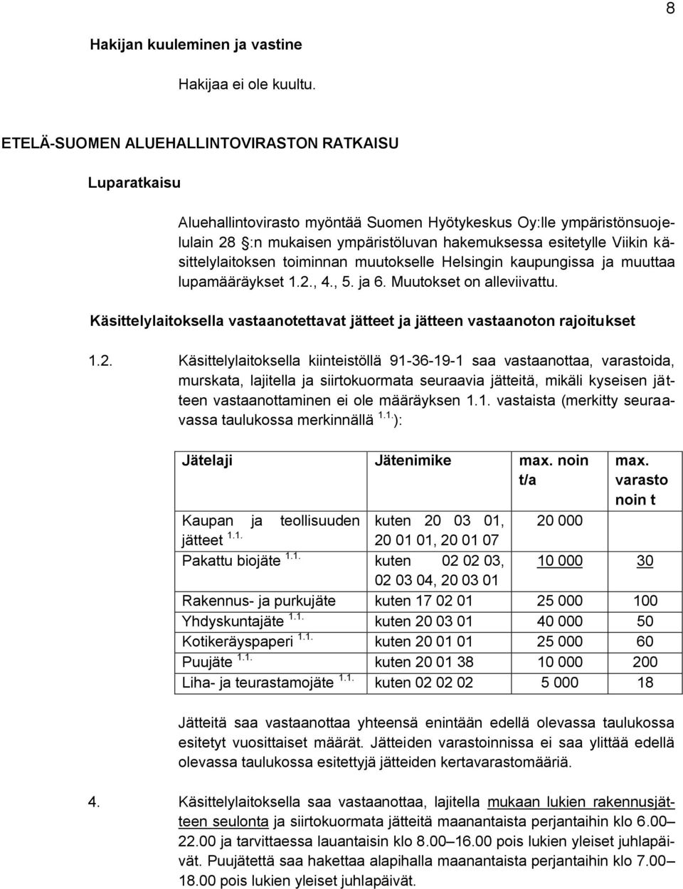 käsittelylaitoksen toiminnan muutokselle Helsingin kaupungissa ja muuttaa lupamääräykset 1.2., 4., 5. ja 6. Muutokset on alleviivattu.