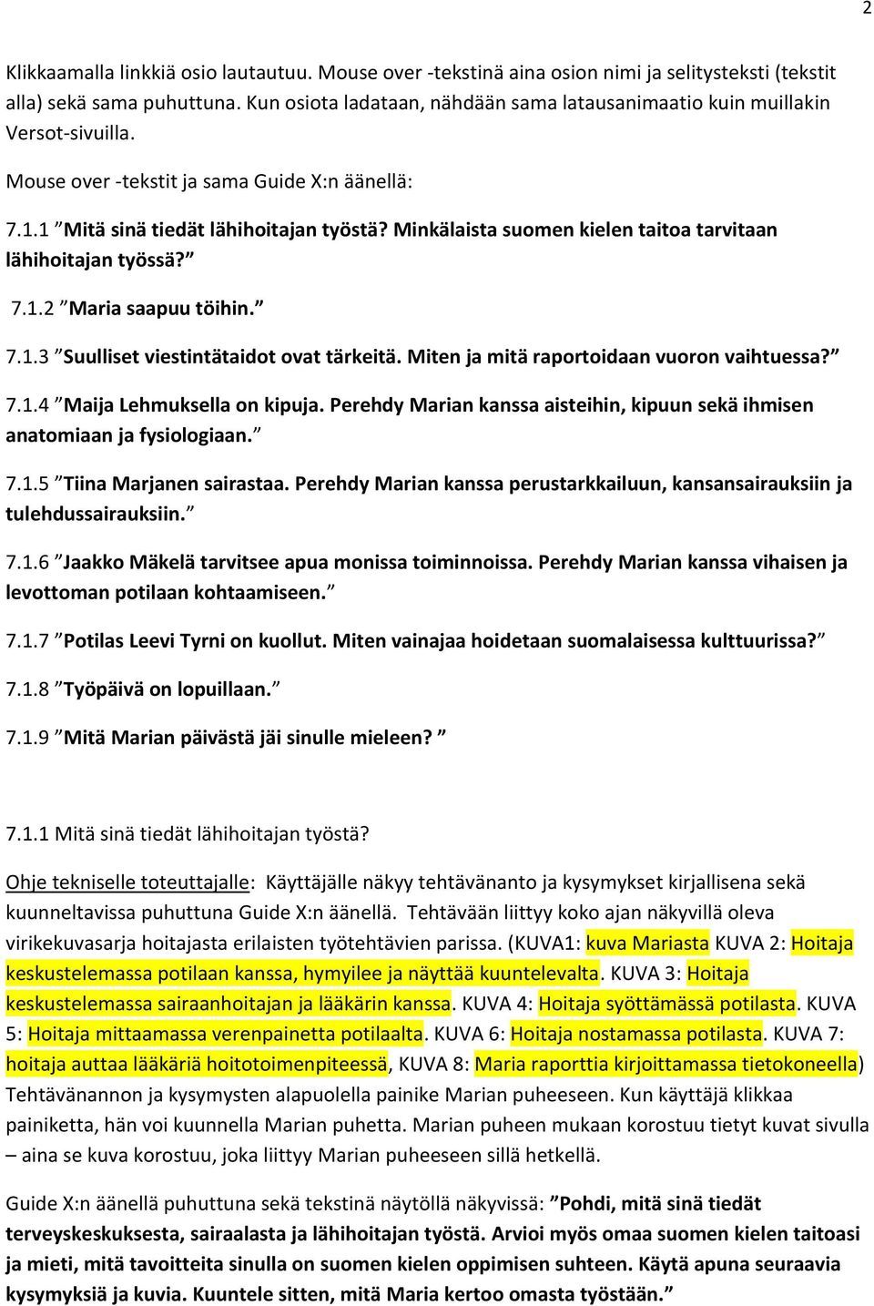 Minkälaista suomen kielen taitoa tarvitaan lähihoitajan työssä? 7.1.2 Maria saapuu töihin. 7.1.3 Suulliset viestintätaidot ovat tärkeitä. Miten ja mitä raportoidaan vuoron vaihtuessa? 7.1.4 Maija Lehmuksella on kipuja.