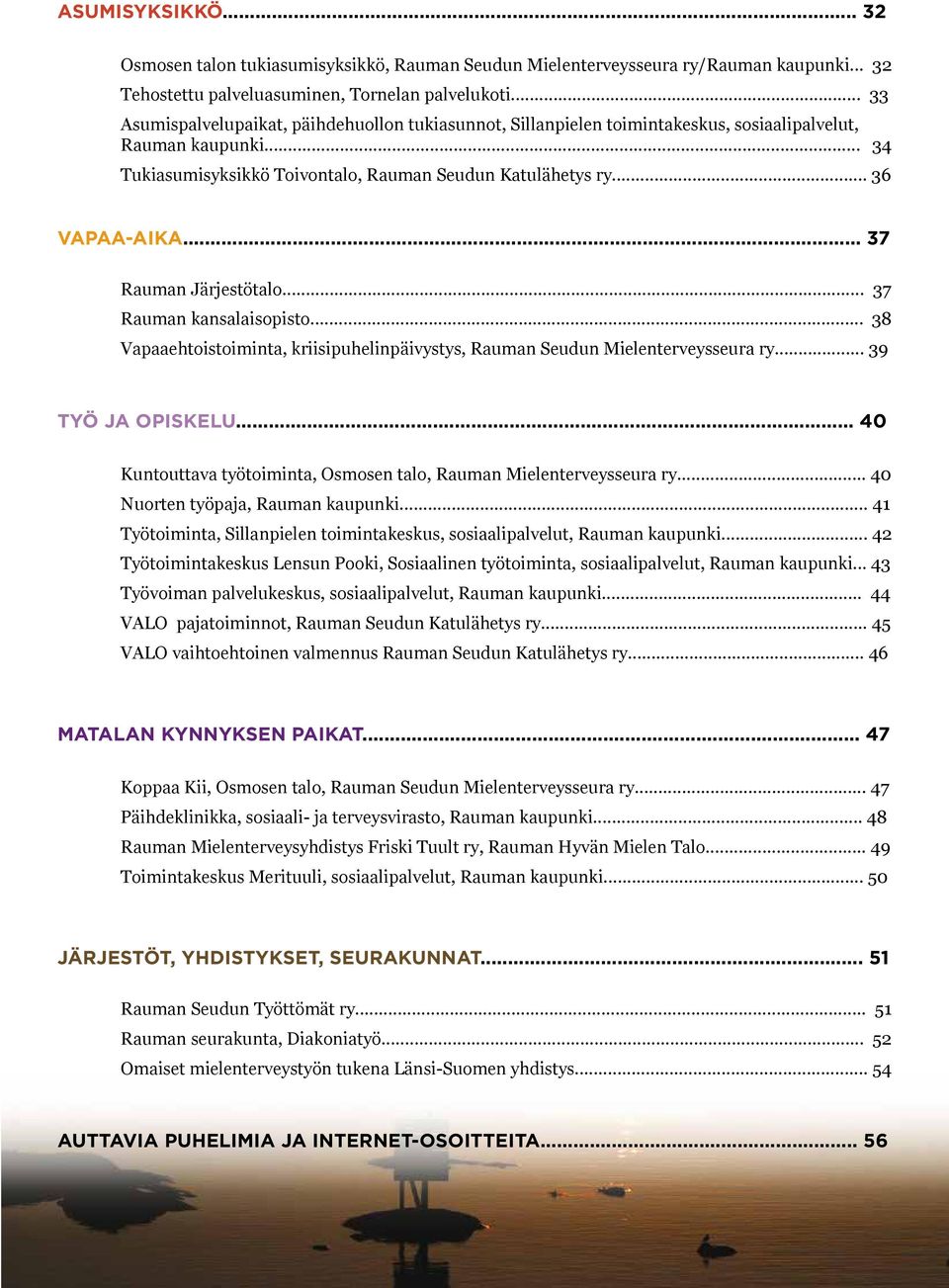 .. 37 Rauman Järjestötalo... 37 Rauman kansalaisopisto... 38 Vapaaehtoistoiminta, kriisipuhelinpäivystys, Rauman Seudun Mielenterveysseura ry... 39 TYÖ JA OPISKELU.