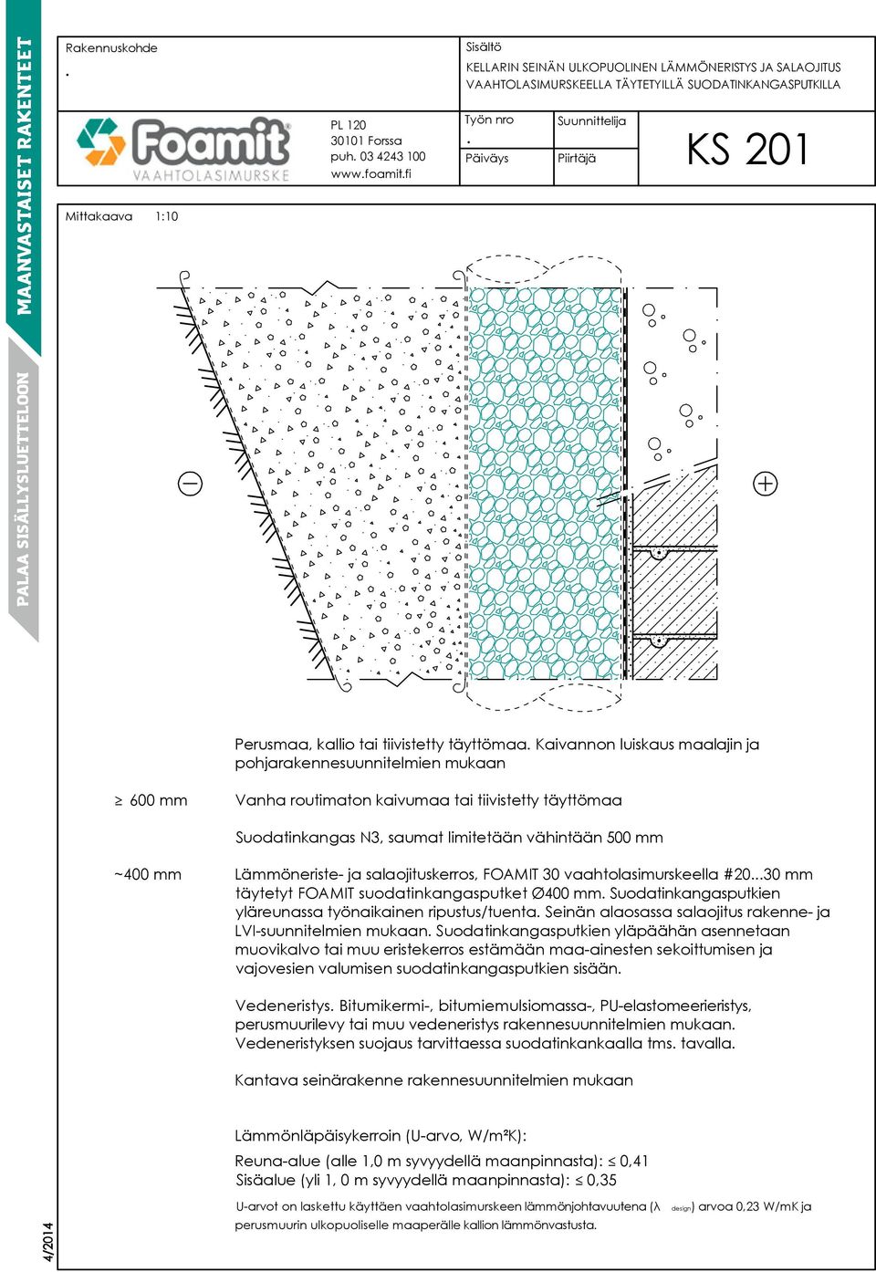 vaahtolasimurskeella #2030 mm täytetyt FOAMIT suodatinkangasputket Ø400 mm Suodatinkangasputkien yläreunassa työnaikainen ripustus/tuenta Seinän alaosassa salaojitus rakenne- ja LVI-suunnitelmien