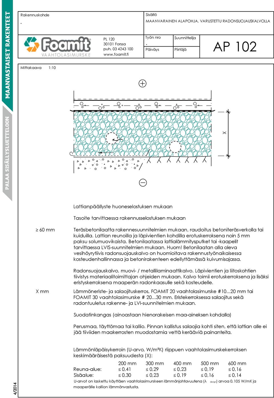 Betonilaatassa lattialämmitysputket tai -kaapelit tarvittaessa LVIS-suunnitelmien mukaan Huom!