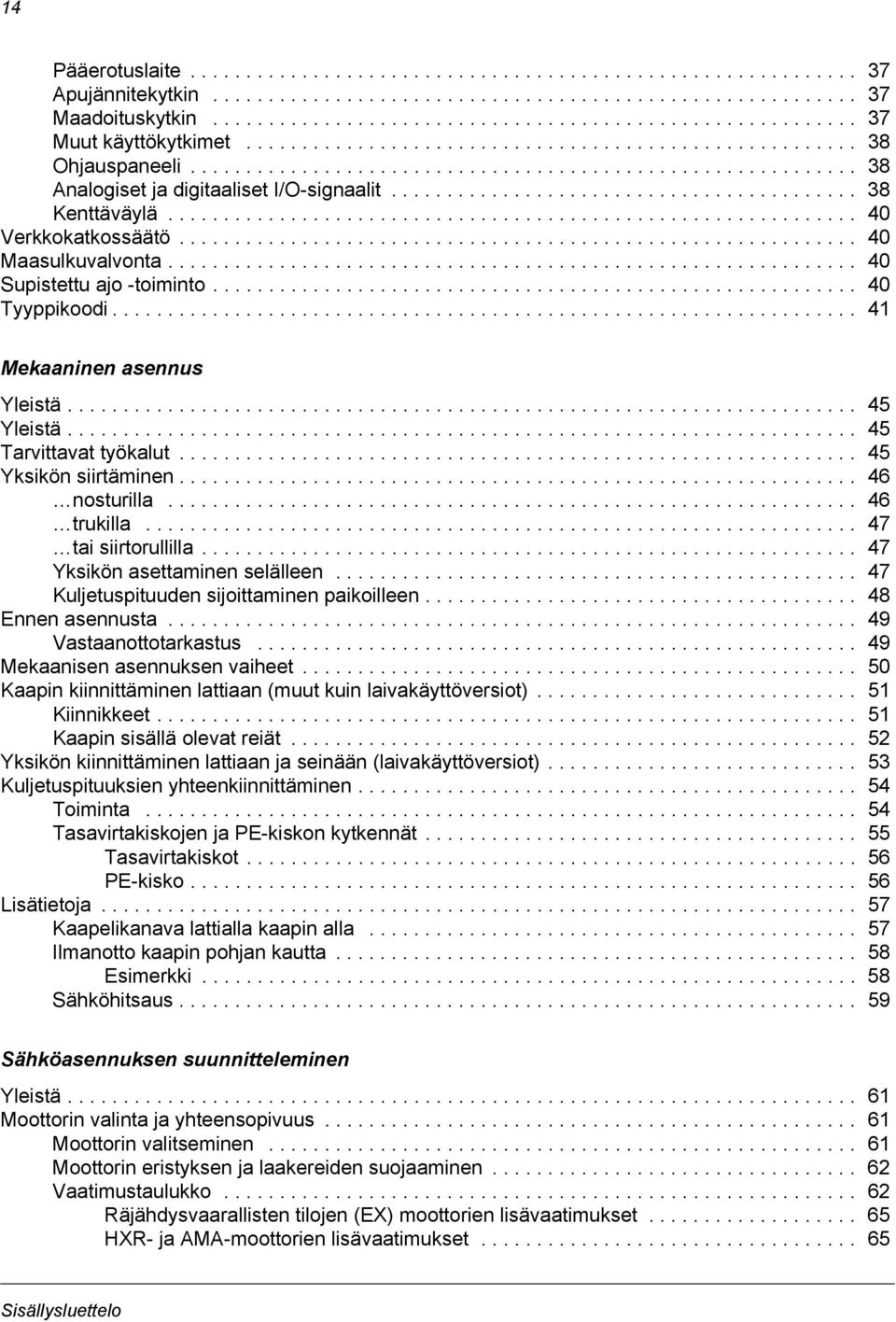 ............................................................. 40 Verkkokatkossäätö............................................................. 40 Maasulkuvalvonta.............................................................. 40 Supistettu ajo -toiminto.