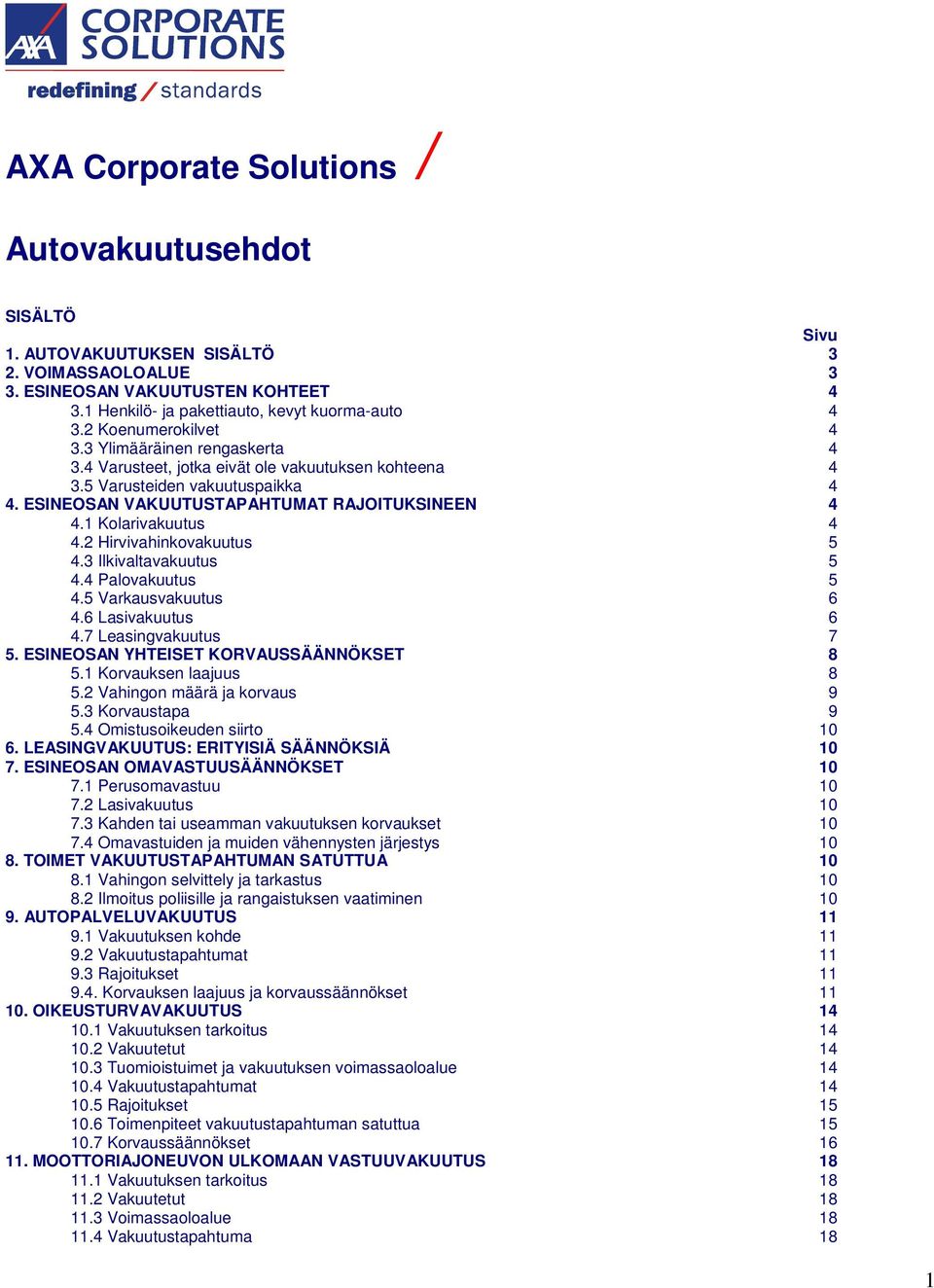 1 Kolarivakuutus 4 4.2 Hirvivahinkovakuutus 5 4.3 Ilkivaltavakuutus 5 4.4 Palovakuutus 5 4.5 Varkausvakuutus 6 4.6 Lasivakuutus 6 4.7 Leasingvakuutus 7 5. ESINEOSAN YHTEISET KORVAUSSÄÄNNÖKSET 8 5.