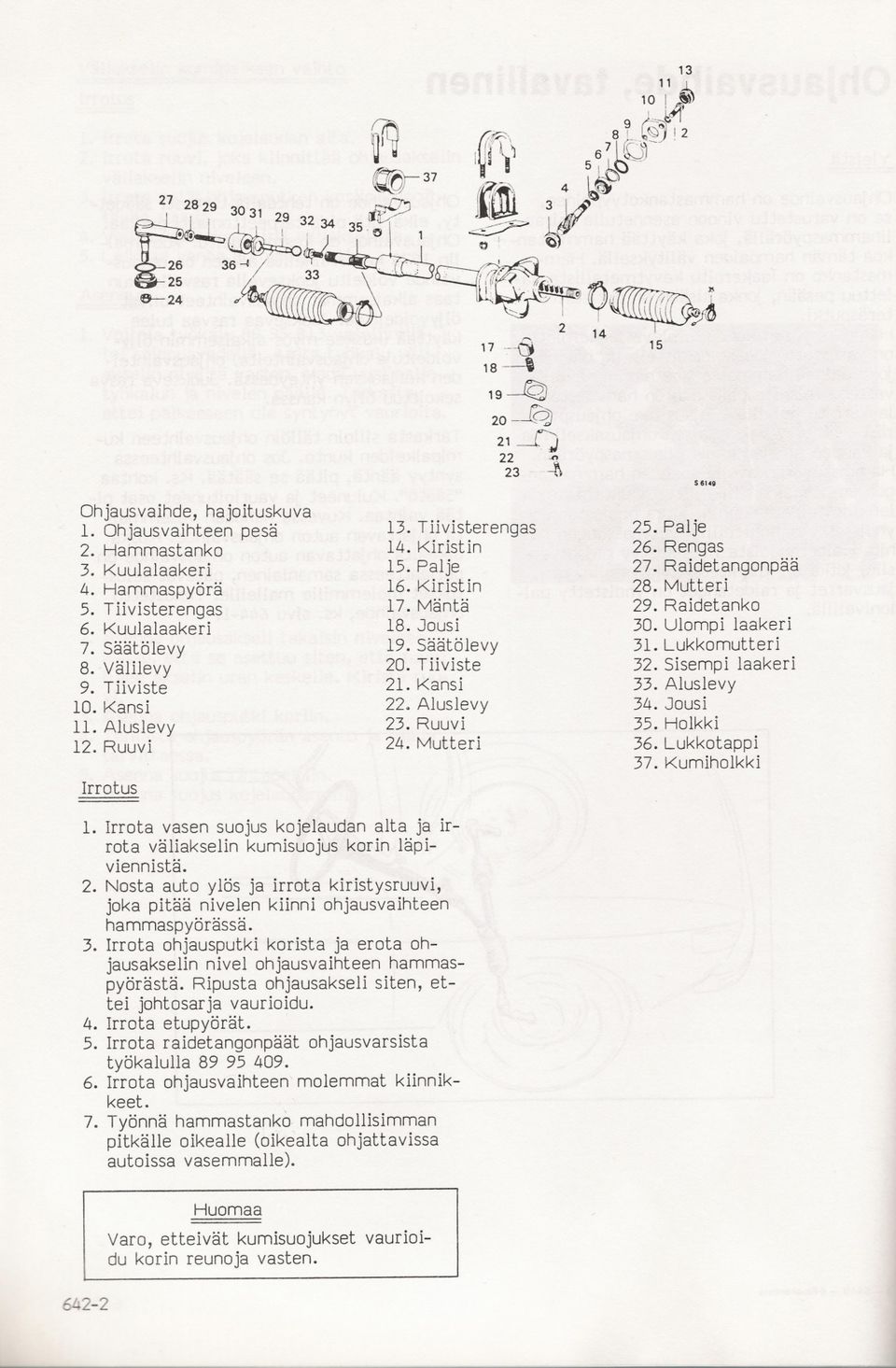 Kansi 11. Aluslevy 12. Ruuvi rrotus 13. Tiivisterengas 14. Kiristin 15. Palje 16. Kiristin 17. Manta 18. Jousi 19. Saatolevy 20. Tiiviste 21. Kansi 22. Aluslevy 23. Ruuvi 24. Mutteri 25. Palje 26.