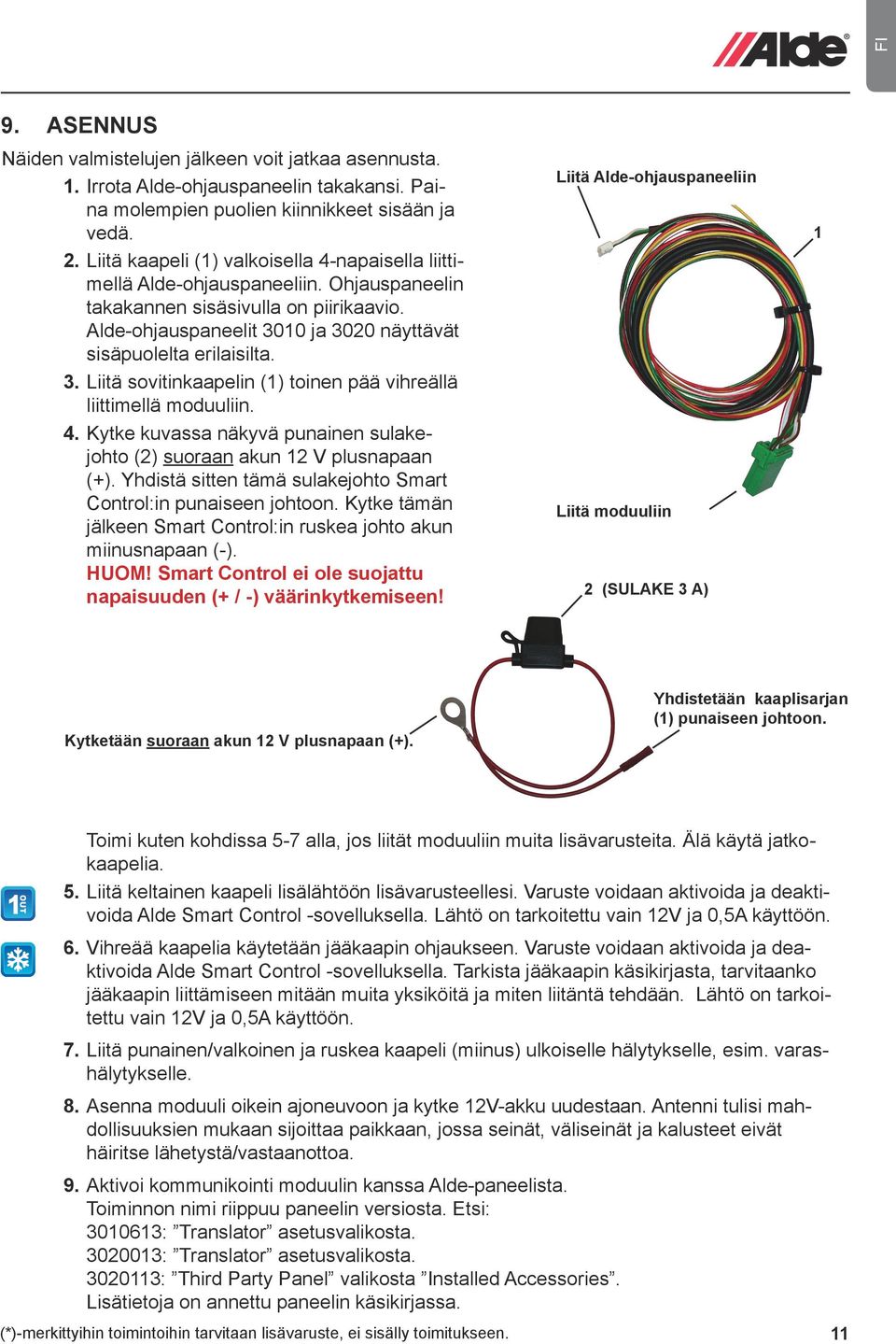 0 ja 3020 näyttävät sisäpuolelta erilaisilta. 3. Liitä sovitinkaapelin () toinen pää vihreällä liittimellä moduuliin. 4. Kytke kuvassa näkyvä punainen sulakejohto (2) suoraan akun 2 V plusnapaan (+).