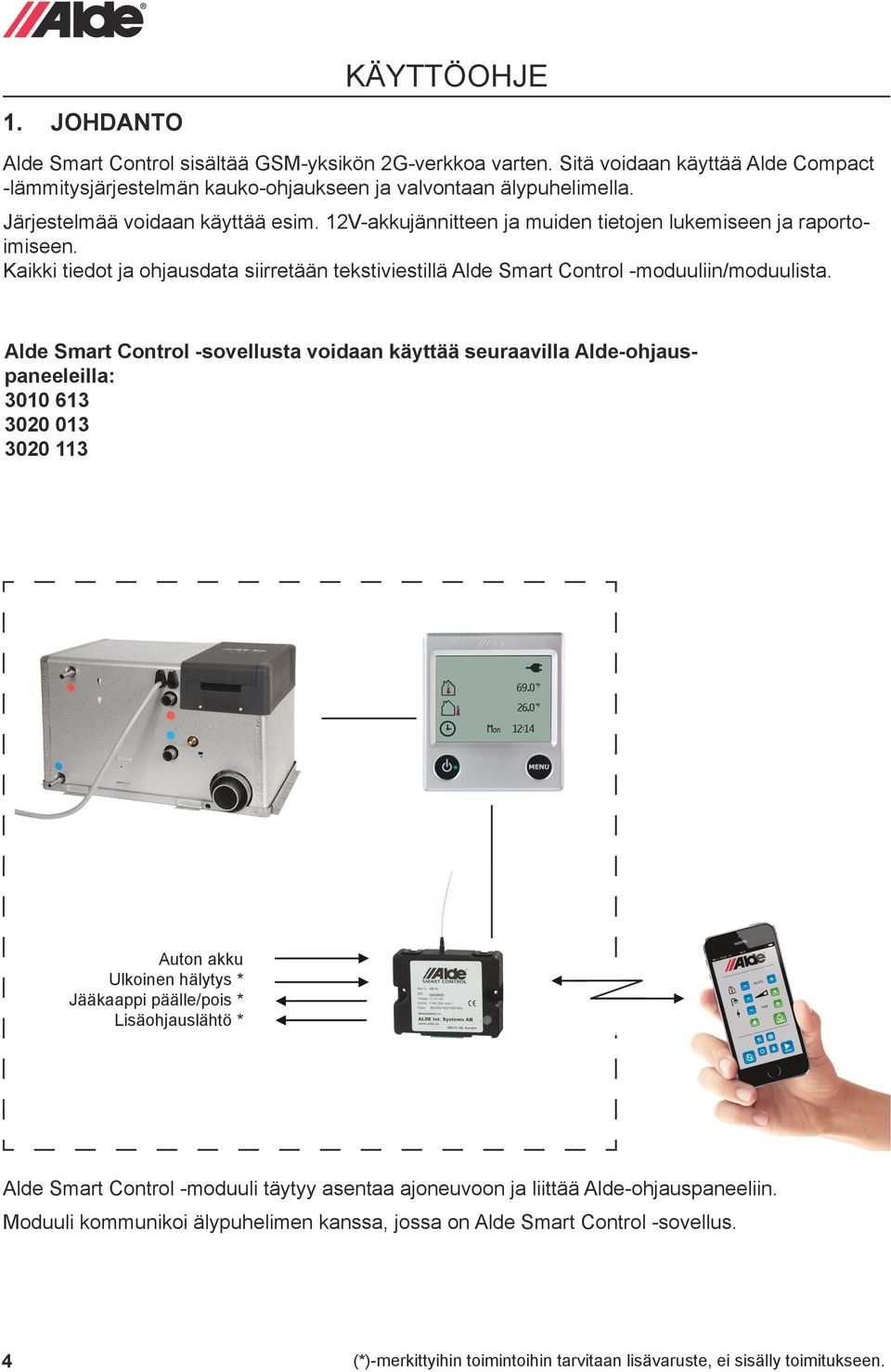 2V-akkujännitteen ja muiden tietojen lukemiseen ja raportoimiseen. Kaikki tiedot ja ohjausdata siirretään tekstiviestillä Alde Smart Control -moduuliin/moduulista.