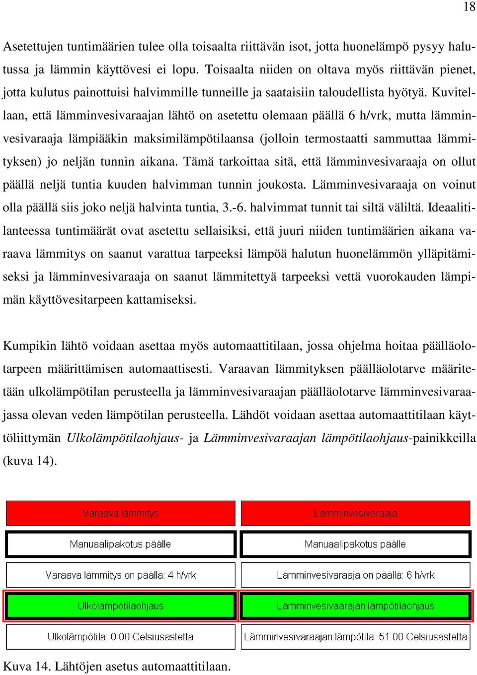 Kuvitellaan, että lämminvesivaraajan lähtö on asetettu olemaan päällä 6 h/vrk, mutta lämminvesivaraaja lämpiääkin maksimilämpötilaansa (jolloin termostaatti sammuttaa lämmityksen) jo neljän tunnin