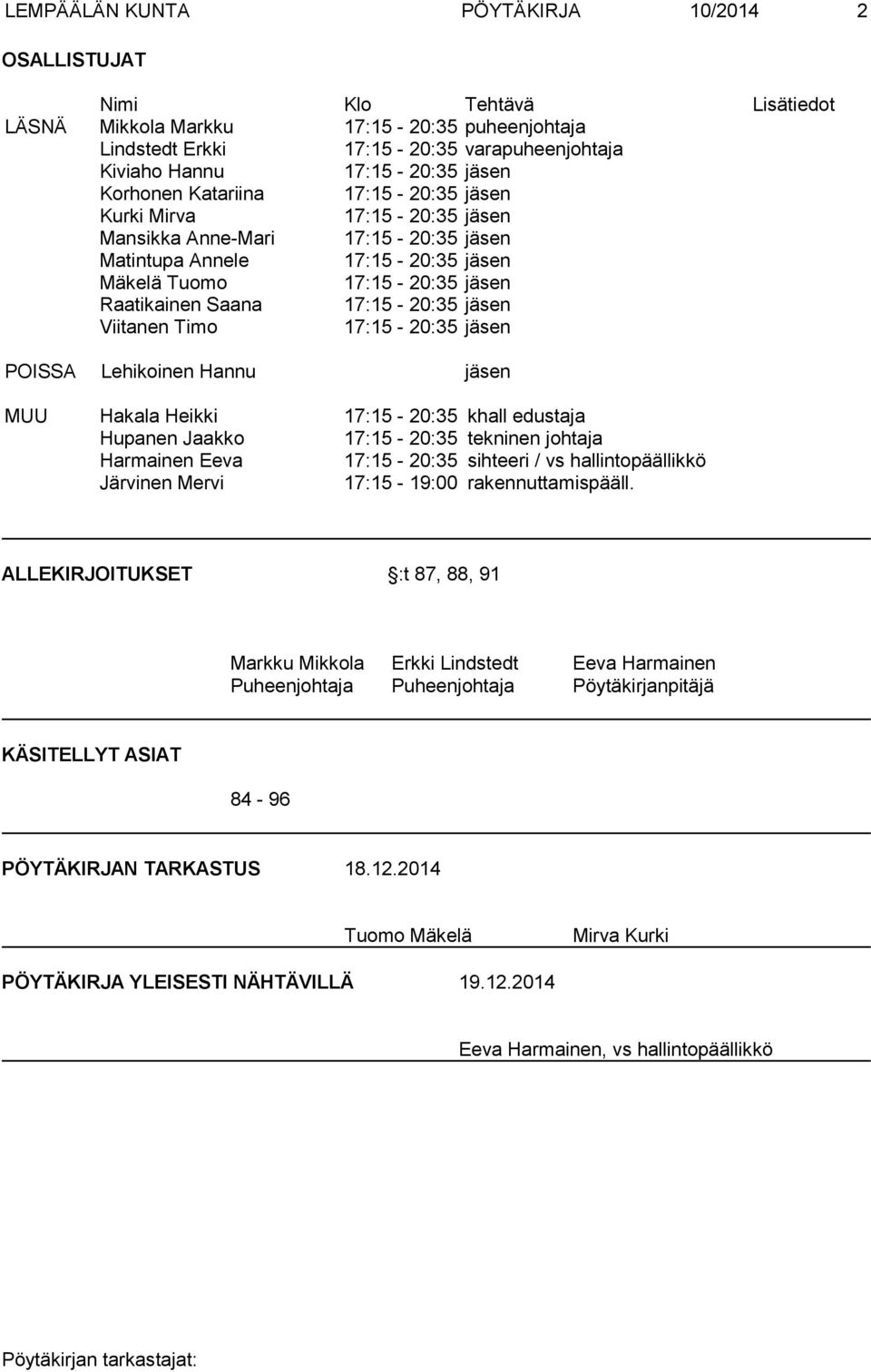 17:15-20:35 jäsen Viitanen Timo 17:15-20:35 jäsen POISSA Lehikoinen Hannu jäsen MUU Hakala Heikki 17:15-20:35 khall edustaja Hupanen Jaakko 17:15-20:35 tekninen johtaja Harmainen Eeva 17:15-20:35