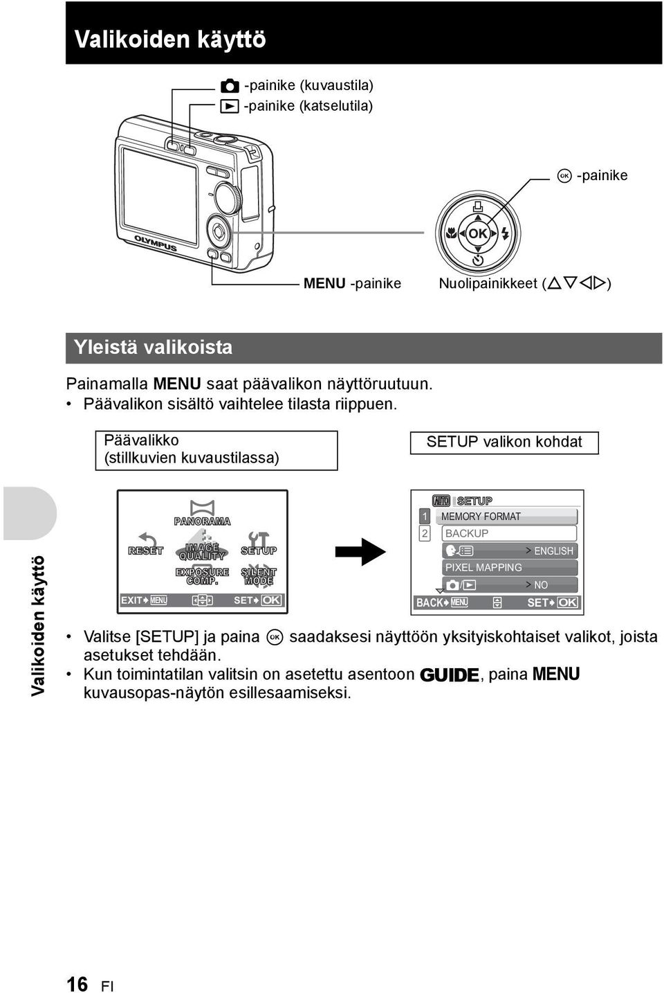 Päävalikko (stillkuvien kuvaustilassa) SETUP valikon kohdat Valikoiden käyttö RESET EXIT MENU PANORAMA IMAGE QUALITY SETUP EXPOSURE SILENT COMP.