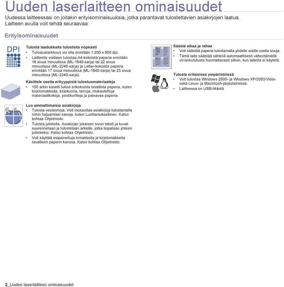 Laitteella voidaan tulostaa A4-kokoista paperia enintään 16 sivua minuutissa (ML-1640-sarja) tai 22 sivua minuutissa (ML-2240-sarja) ja Letter-kokoista paperia enintään 17 sivua minuutissa