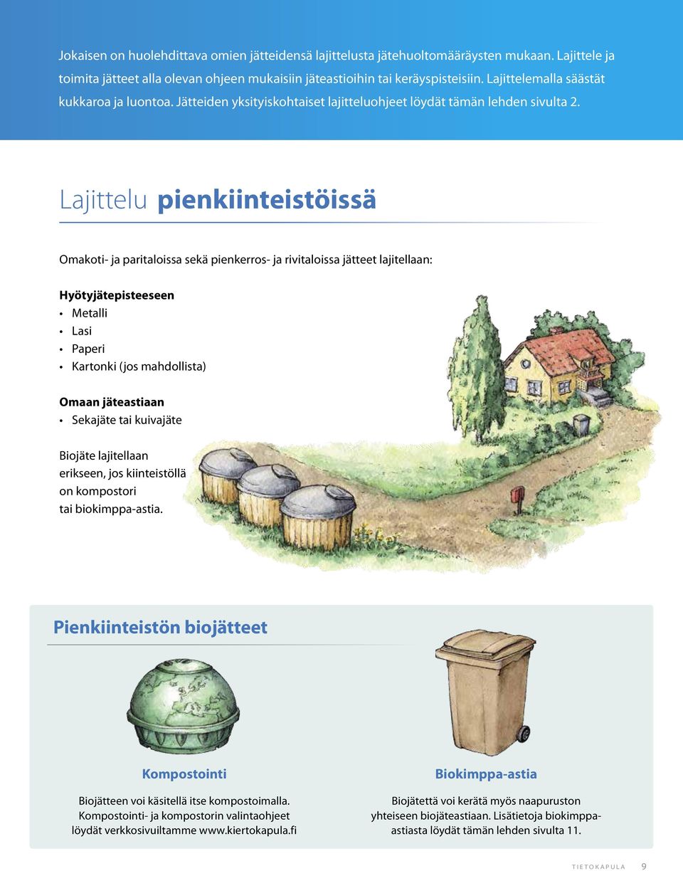 Lajittelu pienkiinteistöissä Omakoti- ja paritaloissa sekä pienkerros- ja rivitaloissa jätteet lajitellaan: Hyötyjätepisteeseen Metalli Lasi Paperi Kartonki (jos mahdollista) Omaan jäteastiaan