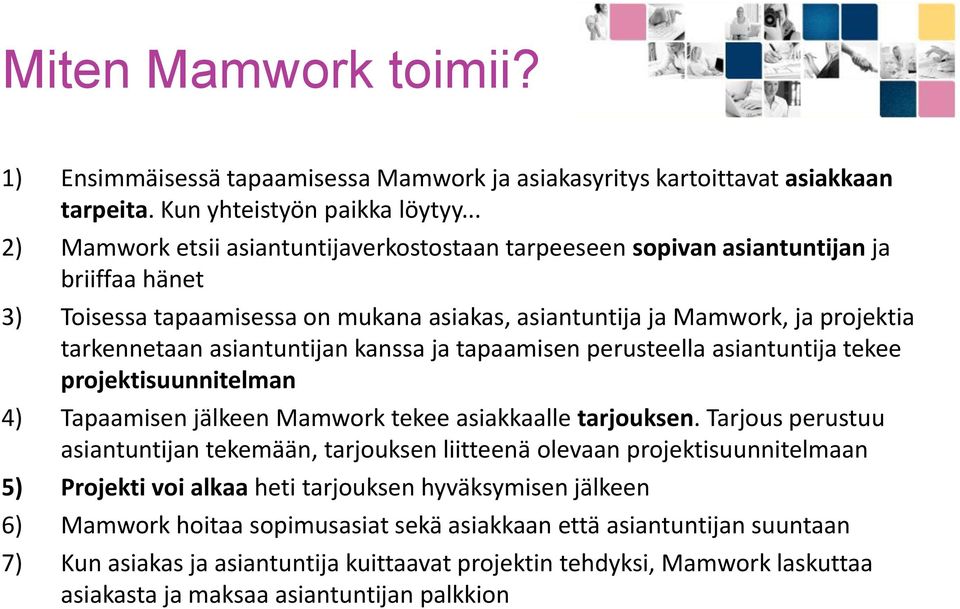 asiantuntijan kanssa ja tapaamisen perusteella asiantuntija tekee projektisuunnitelman 4) Tapaamisen jälkeen Mamwork tekee asiakkaalle tarjouksen.