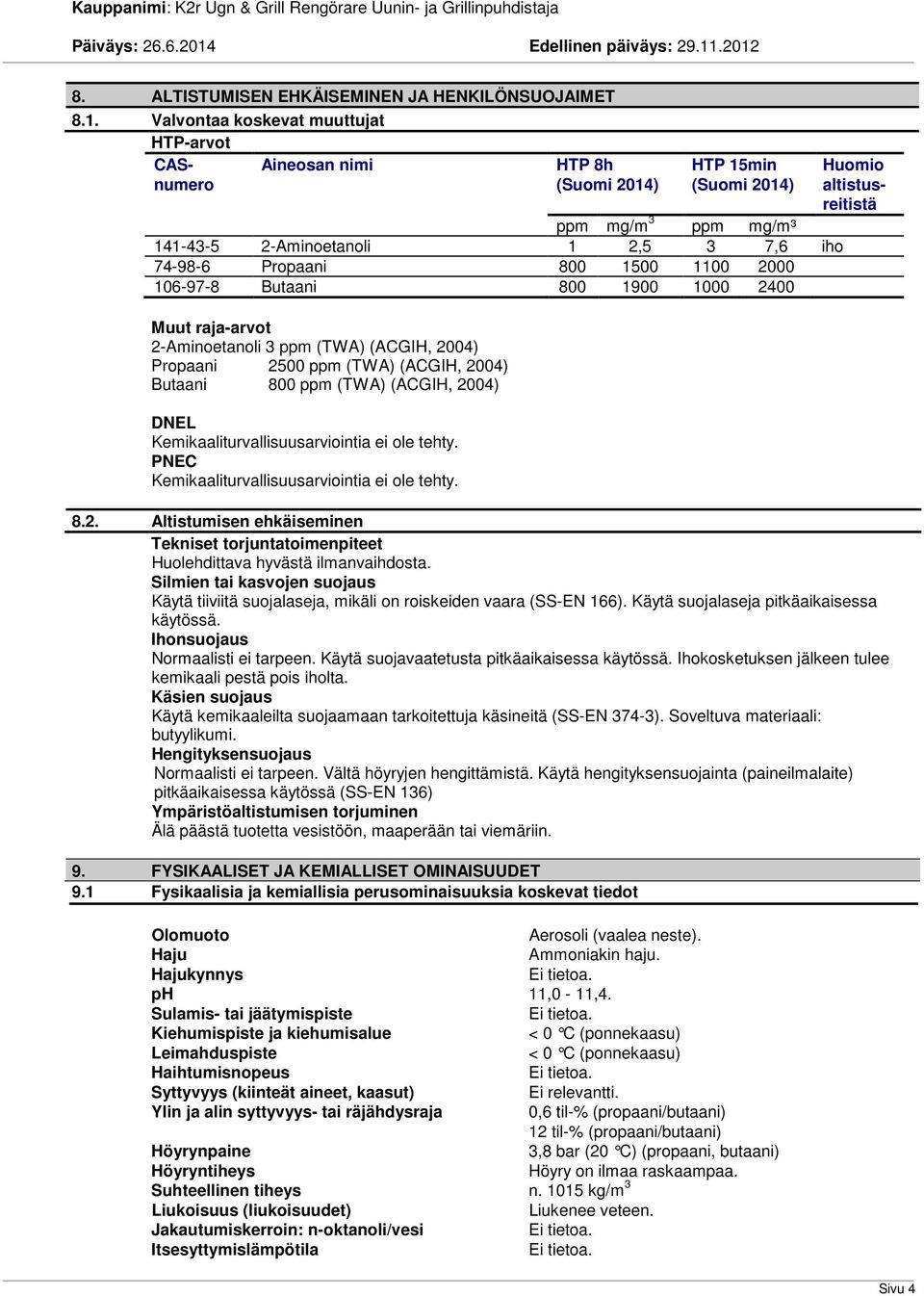 2000 106-97-8 Butaani 800 1900 1000 2400 Muut raja-arvot 2-Aminoetanoli 3 ppm (TWA) (ACGIH, 2004) Propaani 2500 ppm (TWA) (ACGIH, 2004) Butaani 800 ppm (TWA) (ACGIH, 2004) DNEL