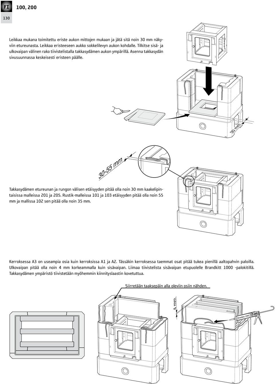 30 mm 30-55 mm Takkasydämen etureunan ja rungon välisen etäisyyden pitää olla noin 30 mm kaakelipintaisissa malleissa 201 ja 205.