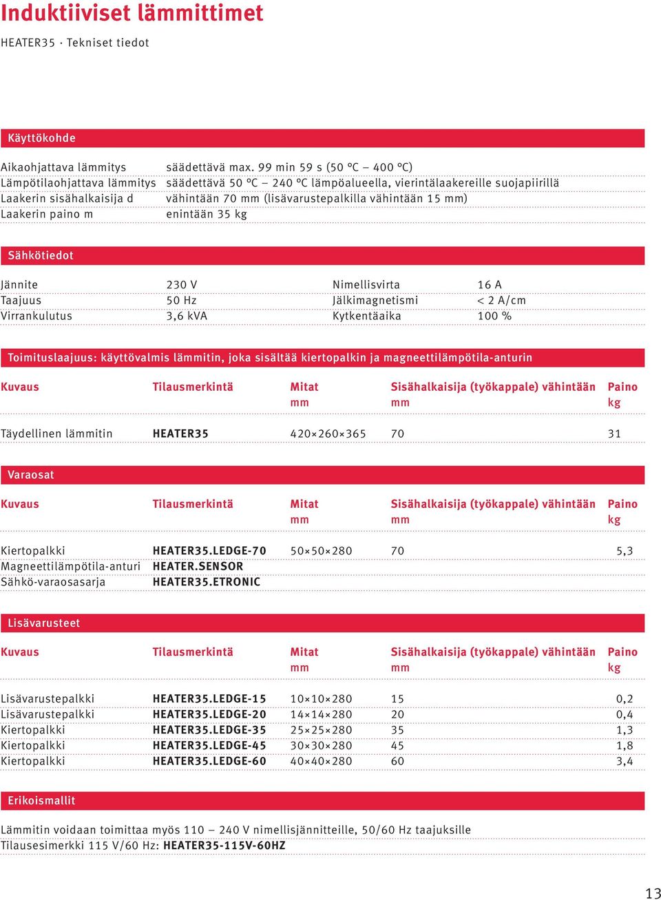 Nimellisvirta 16 A Taajuus 50 Hz Jälkimagnetismi < 2 A/cm Virrankulutus 3,6 kva Kytkentäaika 100 % Toimituslaajuus: käyttövalmis lämmitin, joka sisältää kiertopalkin ja magneettilämpötila-anturin