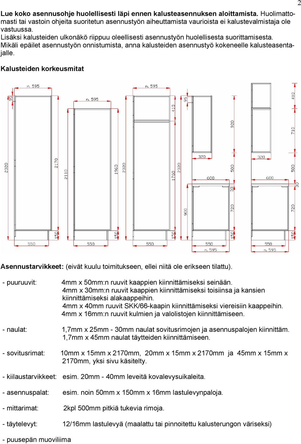 Kalusteiden korkeusmitat 2 Asennustarvikkeet: (eivät kuulu toimitukseen, ellei niitä ole erikseen tilattu). - puuruuvit: 4mm x 50mm:n ruuvit kaappien kiinnittämiseksi seinään.