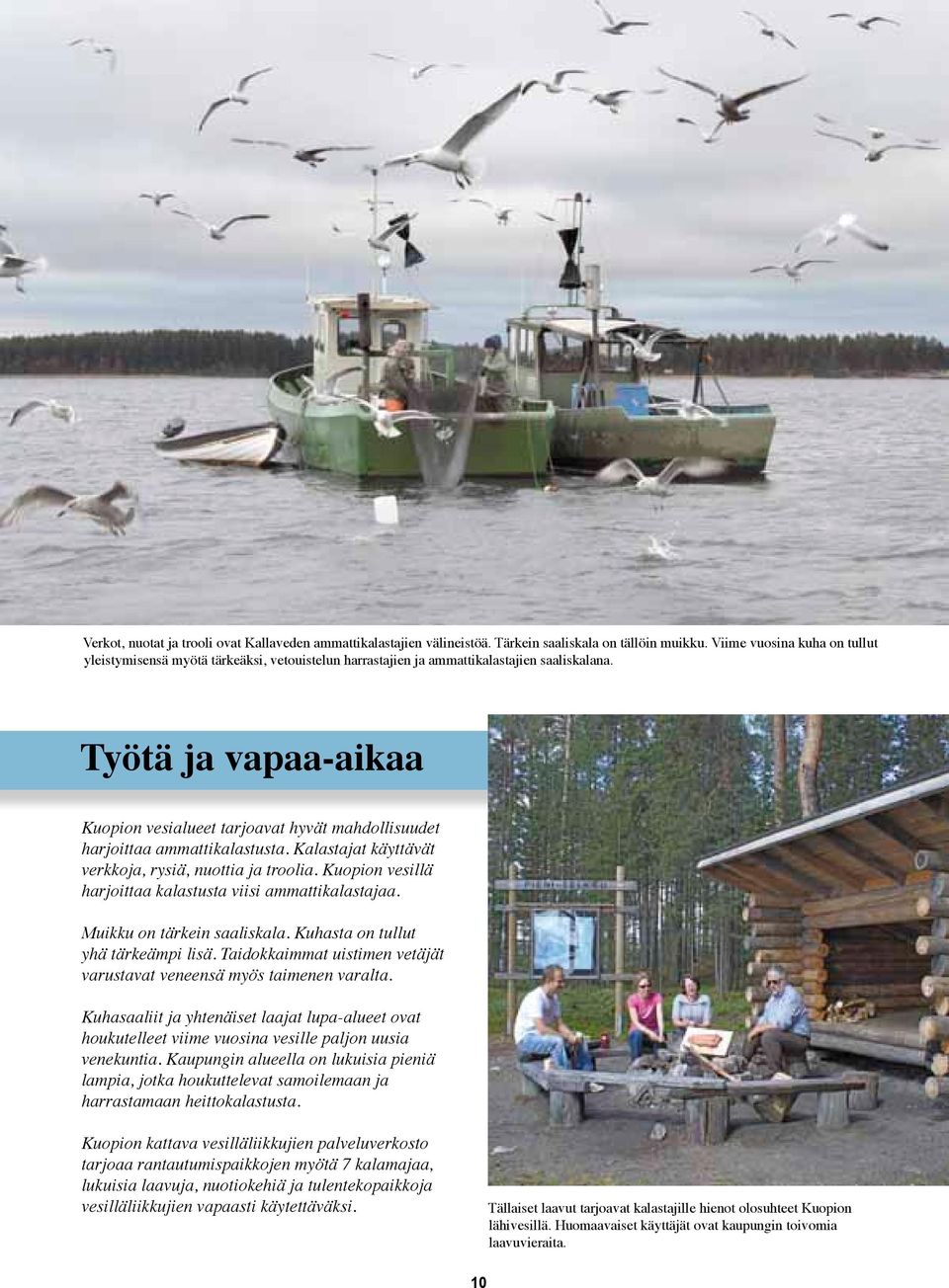 Työtä ja vapaa-aikaa Kuopion vesialueet tarjoavat hyvät mahdollisuudet harjoittaa ammattikalastusta. Kalastajat käyttävät verkkoja, rysiä, nuottia ja troolia.