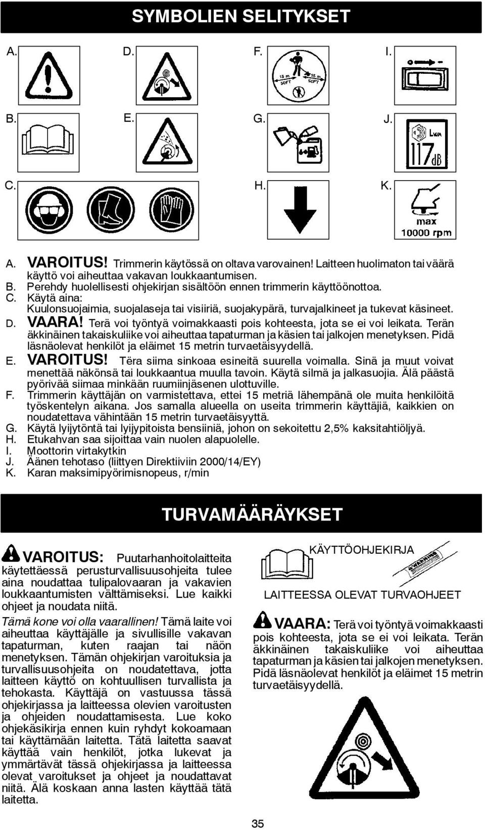 Terän äkkinäinen takaiskuliikevoi aiheuttaa tapaturman ja käsien tai jalkojen menetyksen. Pidä läsnäolevat henkilöt ja eläimet 15 metrin turvaetäisyydellä. E. VAROITUS!