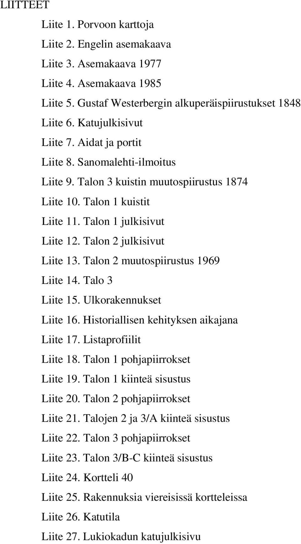 Talon 2 julkisivut Liite 13. Talon 2 muutospiirustus 1969 Liite 14. Talo 3 Liite 15. Ulkorakennukset Liite 16. Historiallisen kehityksen aikajana Liite 17. Listaprofiilit Liite 18.