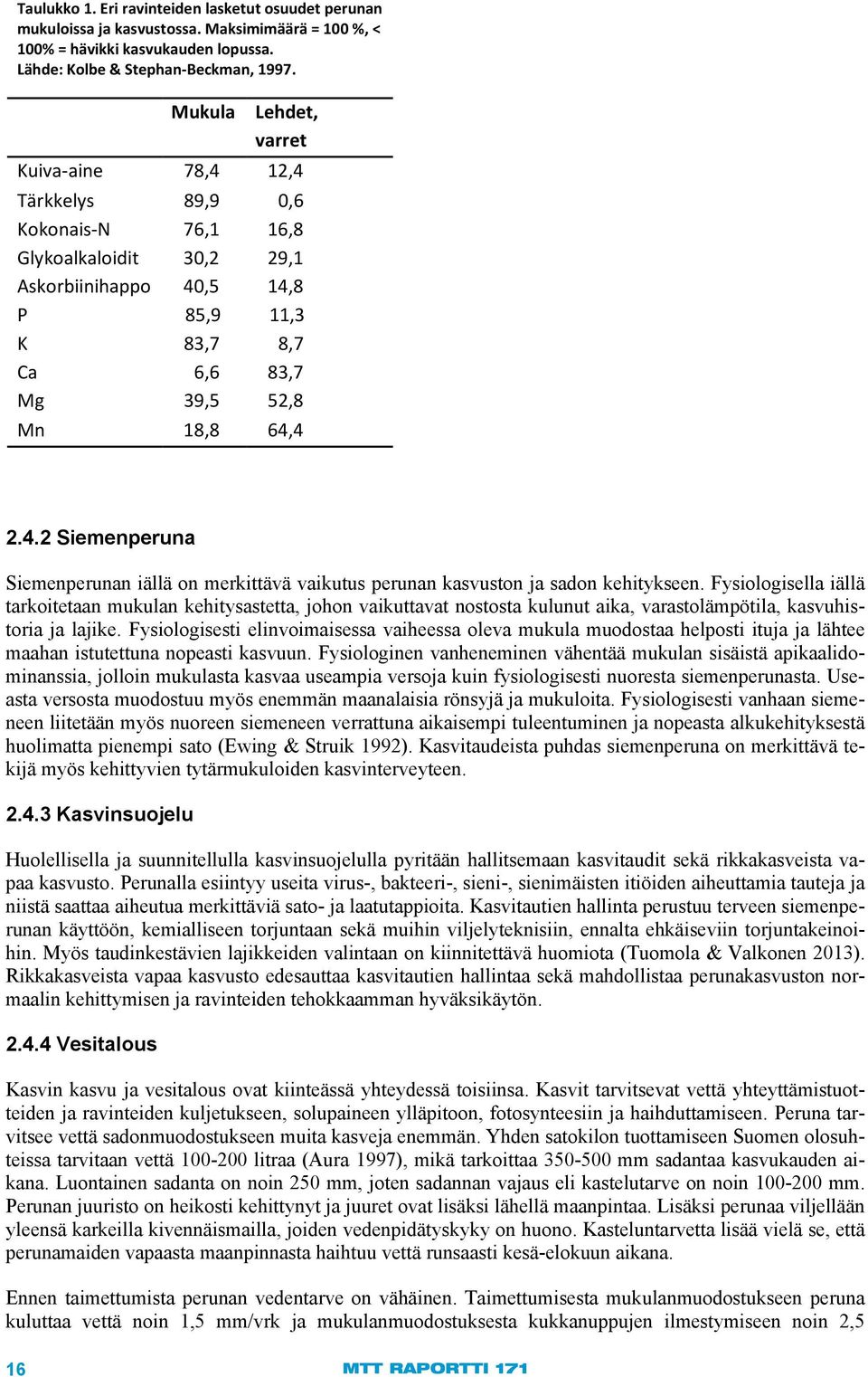 Fysiologisella iällä tarkoitetaan mukulan kehitysastetta, johon vaikuttavat nostosta kulunut aika, varastolämpötila, kasvuhistoria ja lajike.