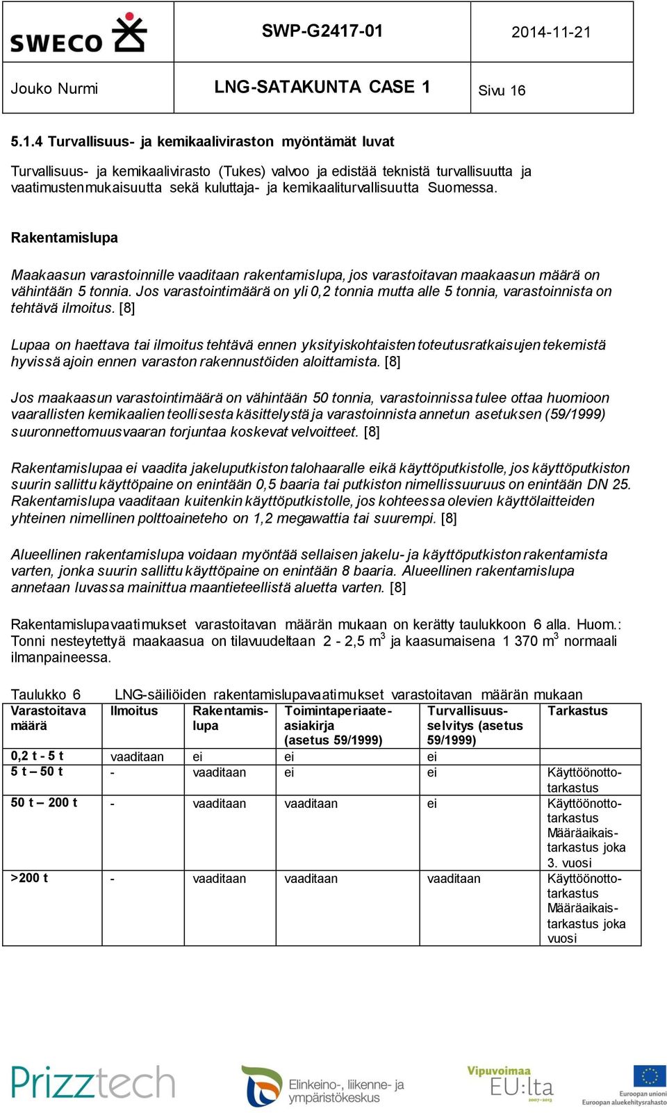 5.1.4 Turvallisuus- ja kemikaaliviraston myöntämät luvat Turvallisuus- ja kemikaalivirasto (Tukes) valvoo ja edistää teknistä turvallisuutta ja vaatimustenmukaisuutta sekä kuluttaja- ja