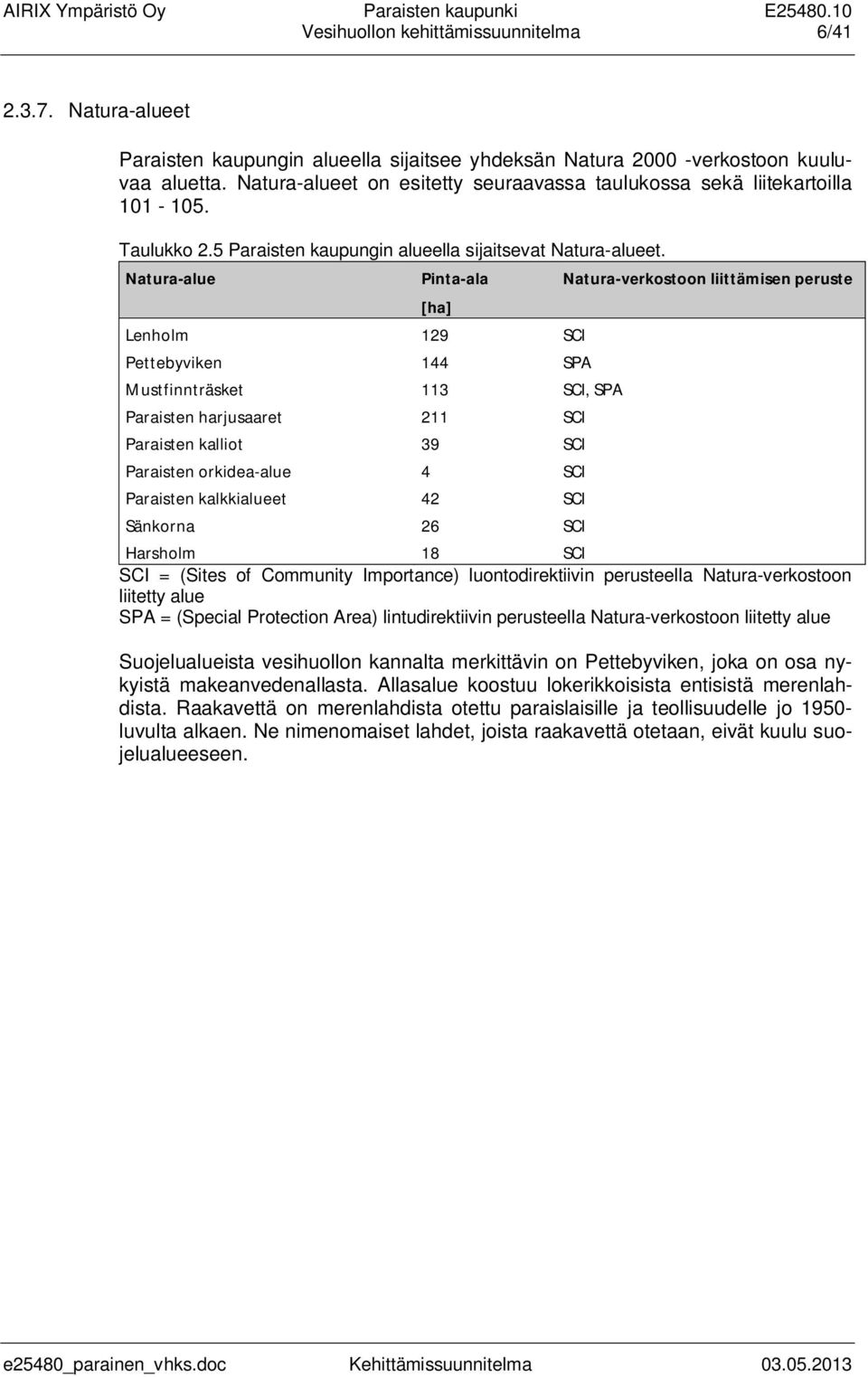 Natura-alue Pinta-ala Natura-verkostoon liittämisen peruste [ha] Lenholm 129 SCI Pettebyviken 144 SPA Mustfinnträsket 113 SCI, SPA Paraisten harjusaaret 211 SCI Paraisten kalliot 39 SCI Paraisten