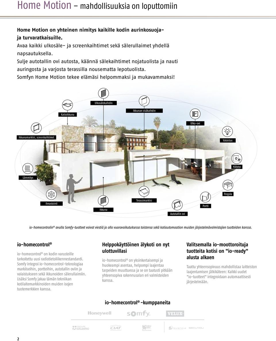 Sulje autotallin ovi autosta, käännä sälekaihtimet nojatuolista ja nauti auringosta ja varjosta terassilla nousematta lepotuolista. Somfyn Home Motion tekee elämäsi helpommaksi ja mukavammaksi!