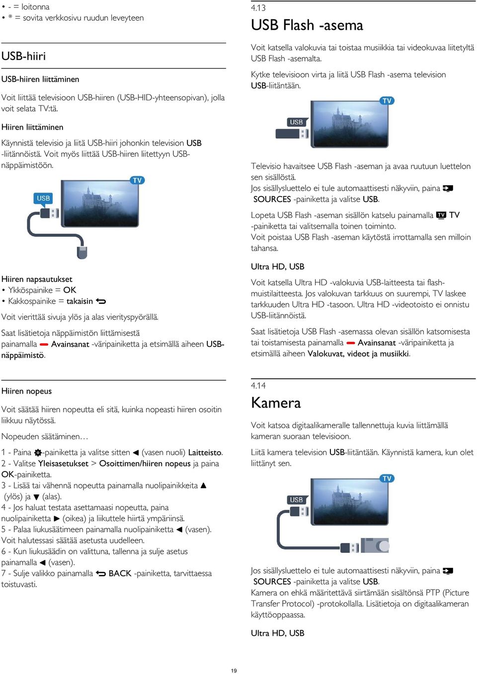 USB Flash -asema Voit liittää televisioon USB-hiiren (USB-HID-yhteensopivan), jolla voit selata TV:tä. Hiiren liittäminen Käynnistä televisio ja liitä USB-hiiri johonkin television USB -liitännöistä.