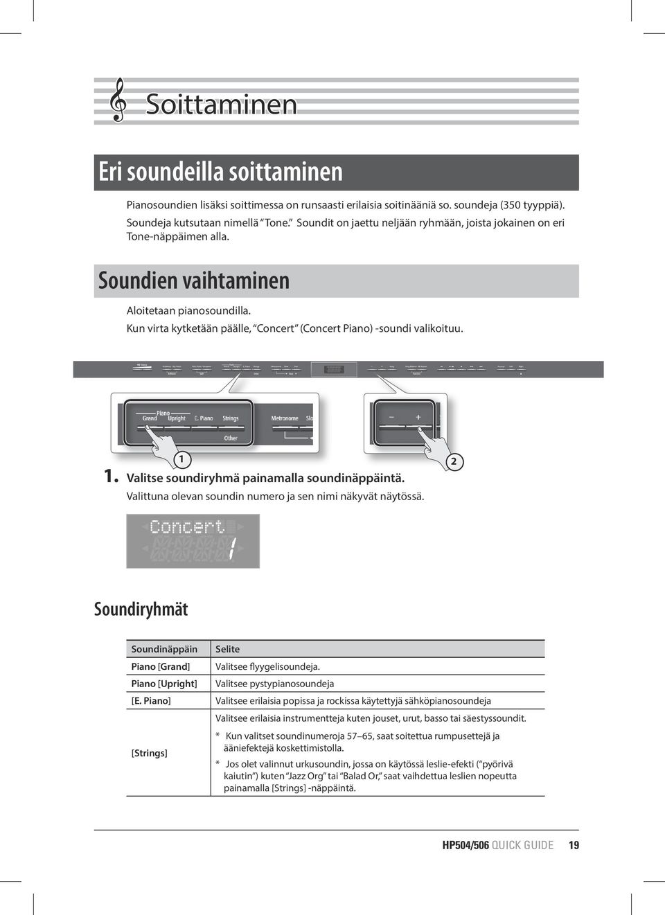 1 2 1. Valitse soundiryhmä painamalla soundinäppäintä. Valittuna olevan soundin numero ja sen nimi näkyvät näytössä. Soundiryhmät Soundinäppäin Piano [Grand] Piano [Upright] [E.