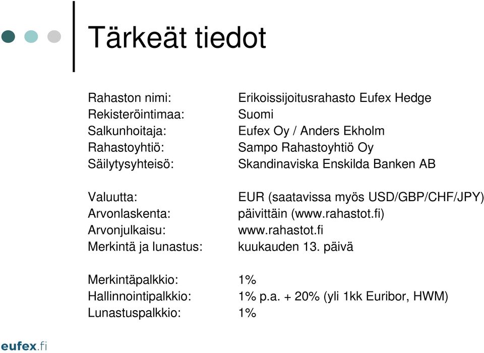 Rahastoyhtiö Oy Skandinaviska Enskilda Banken AB EUR (saatavissa myös USD/GBP/CHF/JPY) päivittäin (www.rahastot.fi) www.