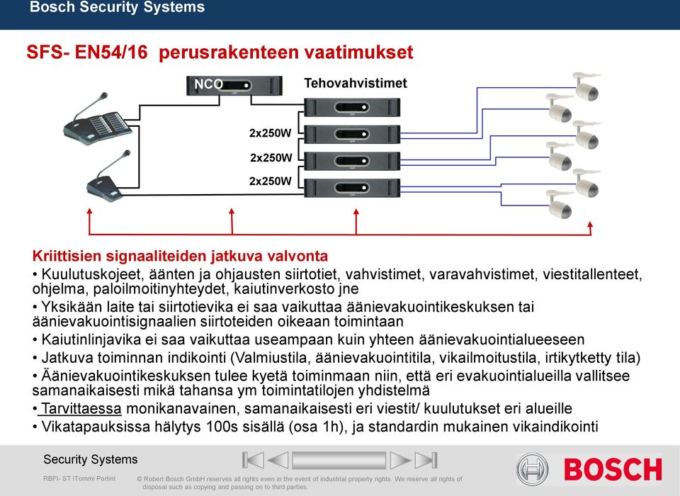 siirtoteiden oikeaan toimintaan Kaiutinlinjavika ei saa vaikuttaa useampaan kuin yhteen äänievakuointialueeseen Jatkuva toiminnan indikointi (Valmiustila, äänievakuointitila, vikailmoitustila,