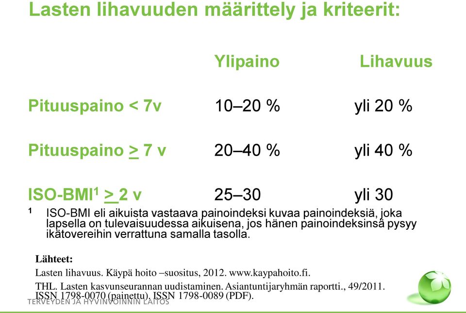 aikuisena, jos hänen painoindeksinsä pysyy ikätovereihin verrattuna samalla tasolla. Lähteet: Lasten lihavuus.