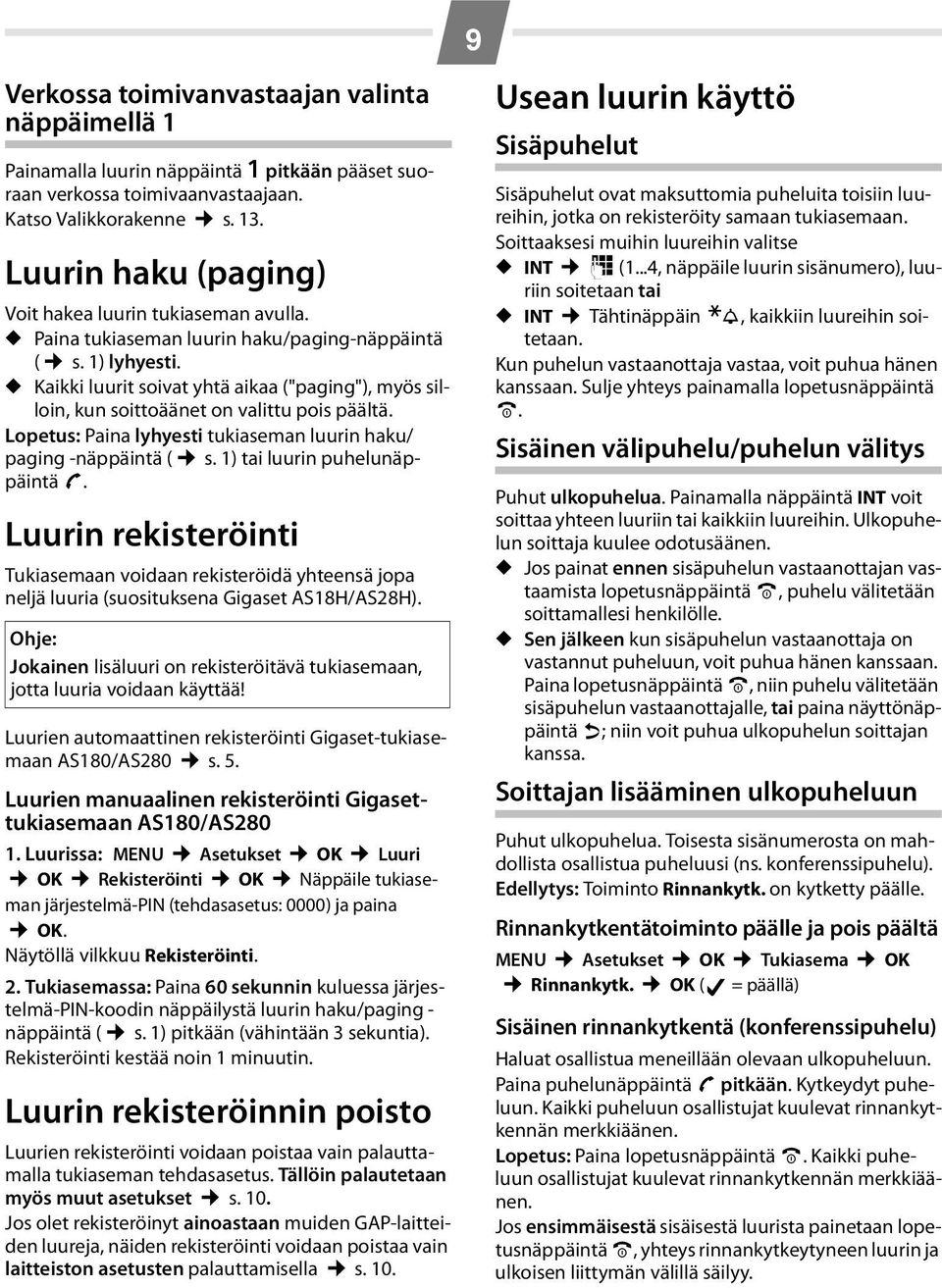 Kaikki luurit soivat yhtä aikaa ("paging"), myös silloin, kun soittoäänet on valittu pois päältä. Lopetus: Paina lyhyesti tukiaseman luurin haku/ paging -näppäintä ( s.