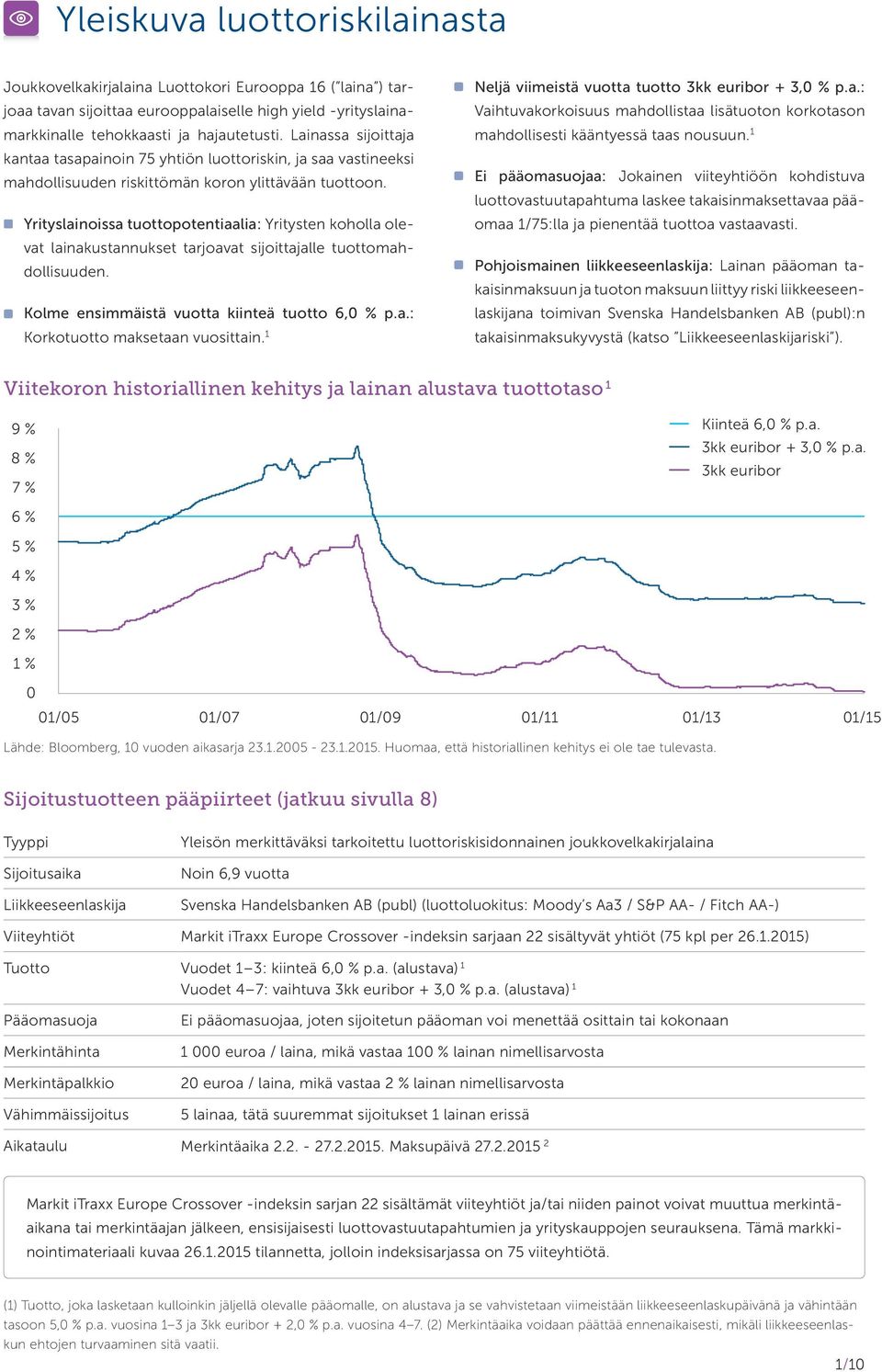 Yrityslainoissa tuottopotentiaalia: Yritysten koholla olevat lainakustannukset tarjoavat sijoittajalle tuottomahdollisuuden. Kolme ensimmäistä vuotta kiinteä tuotto 6,0 % p.a.: Korkotuotto maksetaan vuosittain.